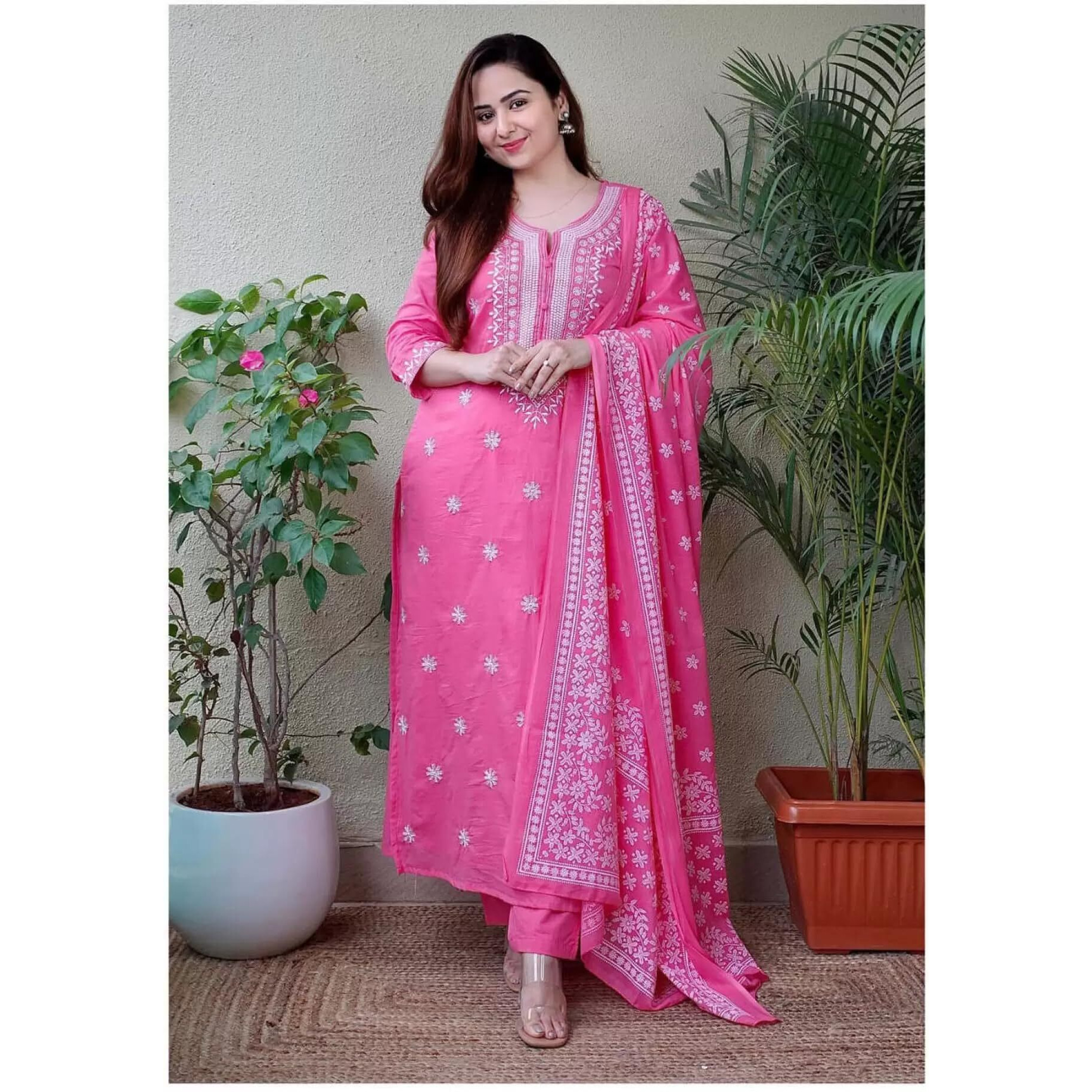 Royal Export Women's Viscose Floral Embroidered Straight Kurta Pant With Dupatta (Rx53_Pink_2Xl)