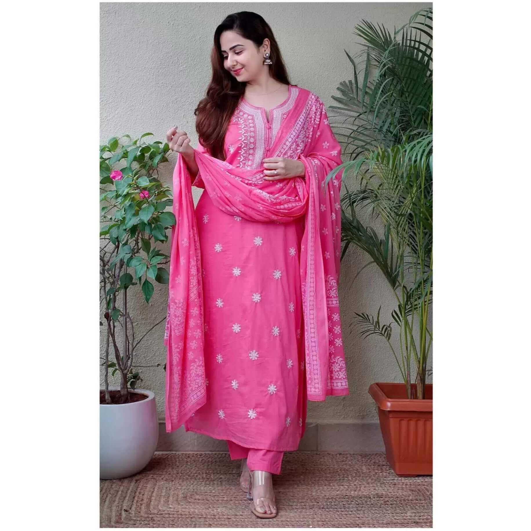 Royal Export Women's Viscose Floral Embroidered Straight Kurta Pant With Dupatta (Rx53_Pink_2Xl)