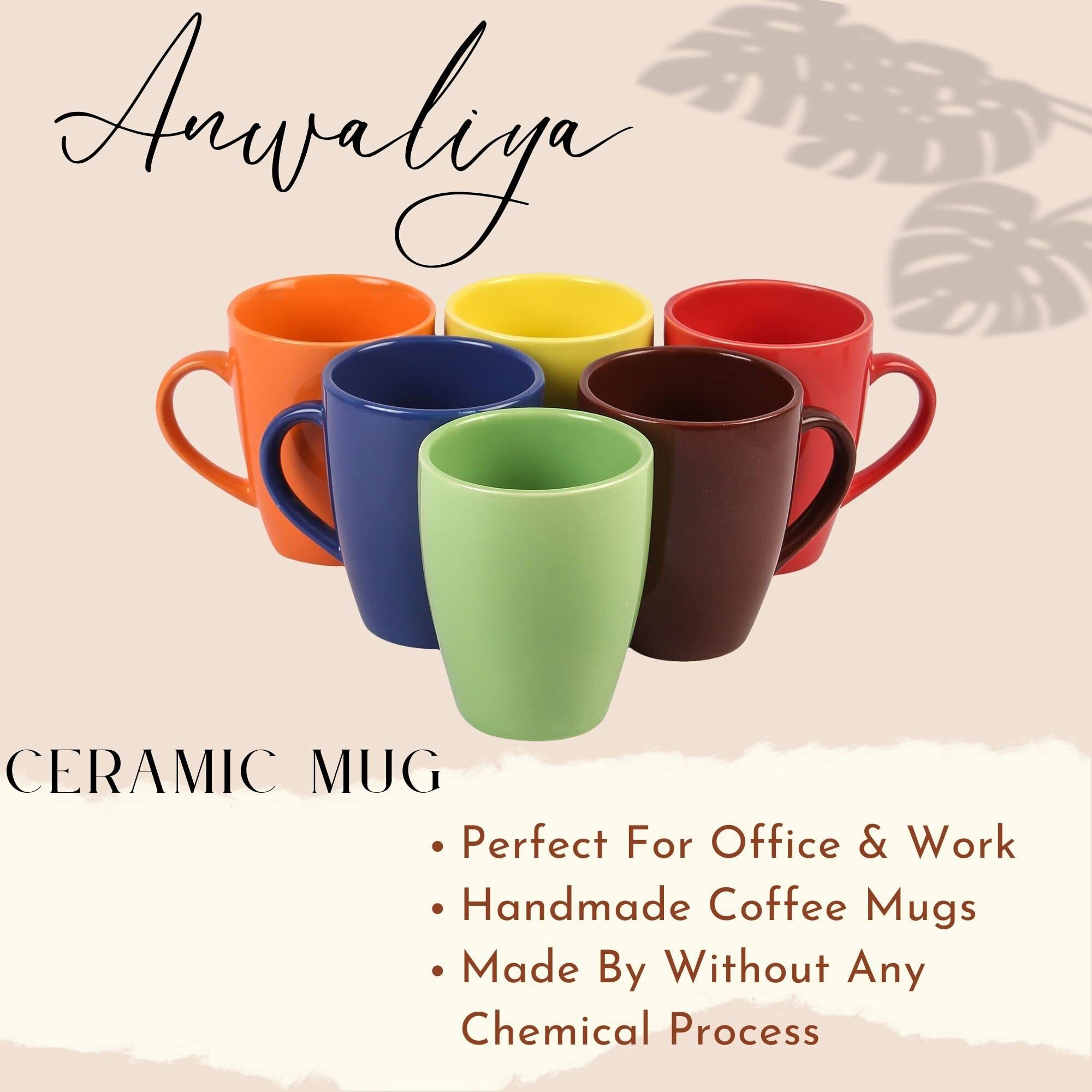 Anwaliya Fauna Tapered Ceramic Coffee Mugs, 250 Ml, Set Of 6, Pastel Assorted Color (Color May Vary)