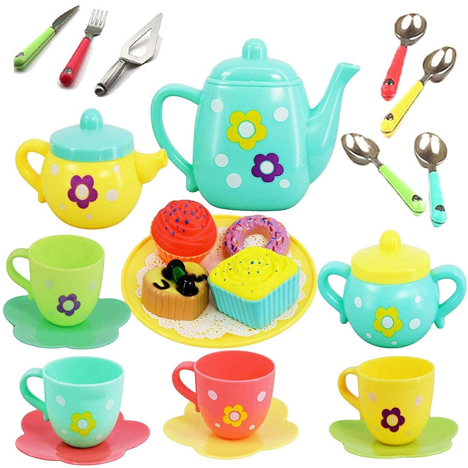 Amitasha Plastic Tea Party Pretend Play Kitchen Utensils Toy Set With Cake Donuts For Kids, Birthday Gift For Girls Plastic Kitchen Set, Tea Cup Set For Girl