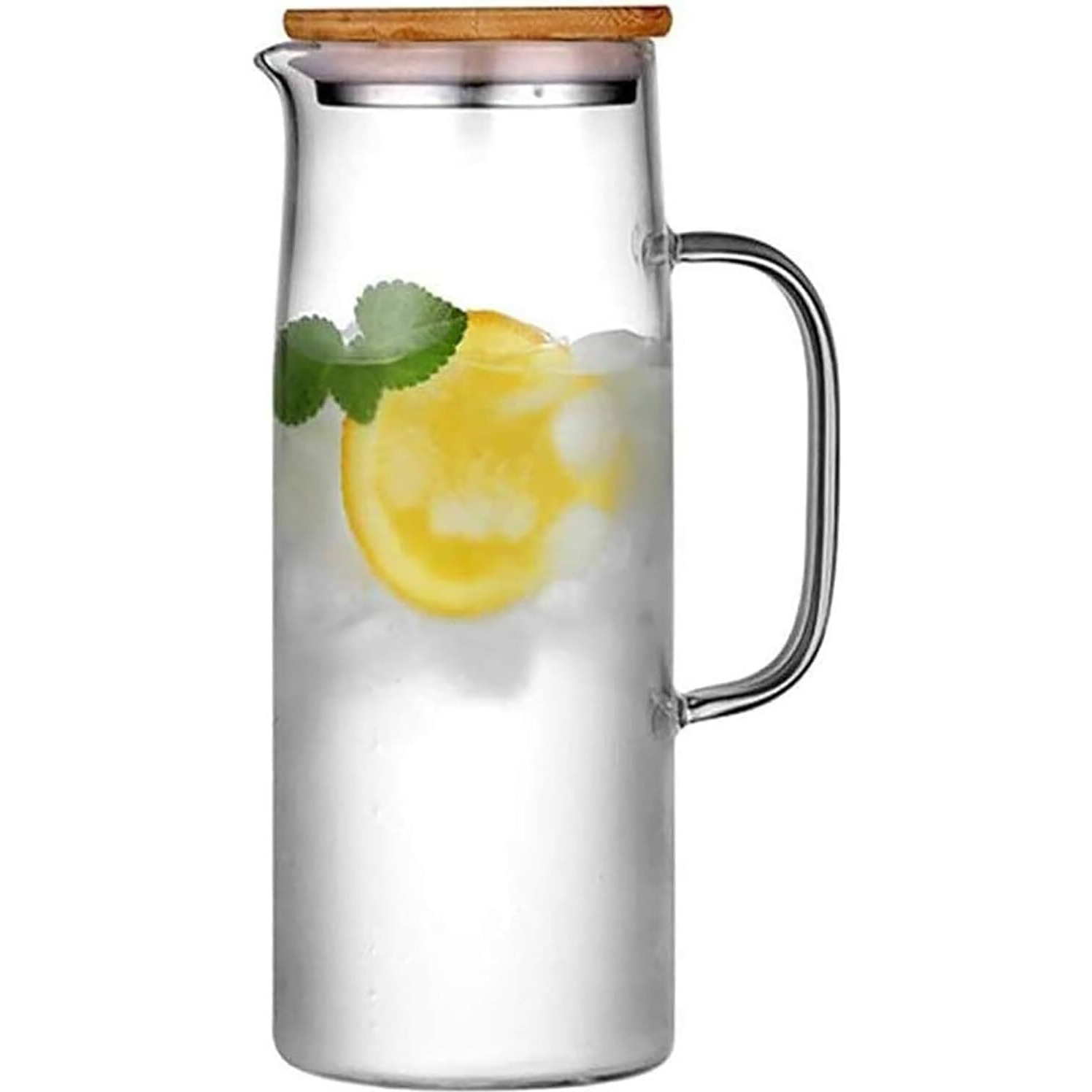 Tiener Borosilicate Glass 1 Ltr Water Jug With Handle, Juice Beverage Carafe With Bamboo Lid, Big Glass Iced Tea Pitcher, 1 Pcs Set (Borosilicate 1 Liter Stright)