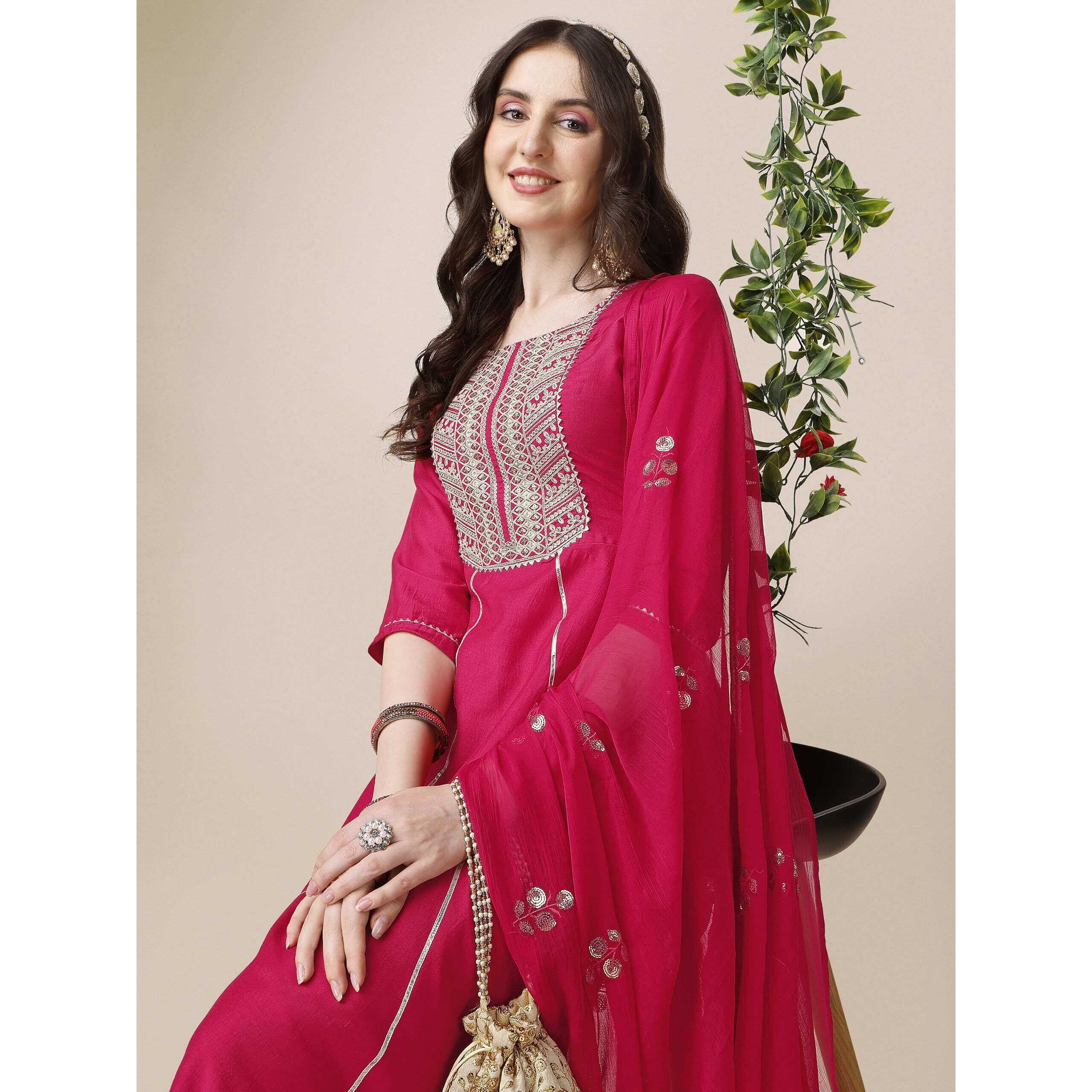 Ethnicjunction Women's Cotton Silk Eid Special Embroidered Kurta Palazzo And Dupatta Set | Eid Outfits For Women Pink