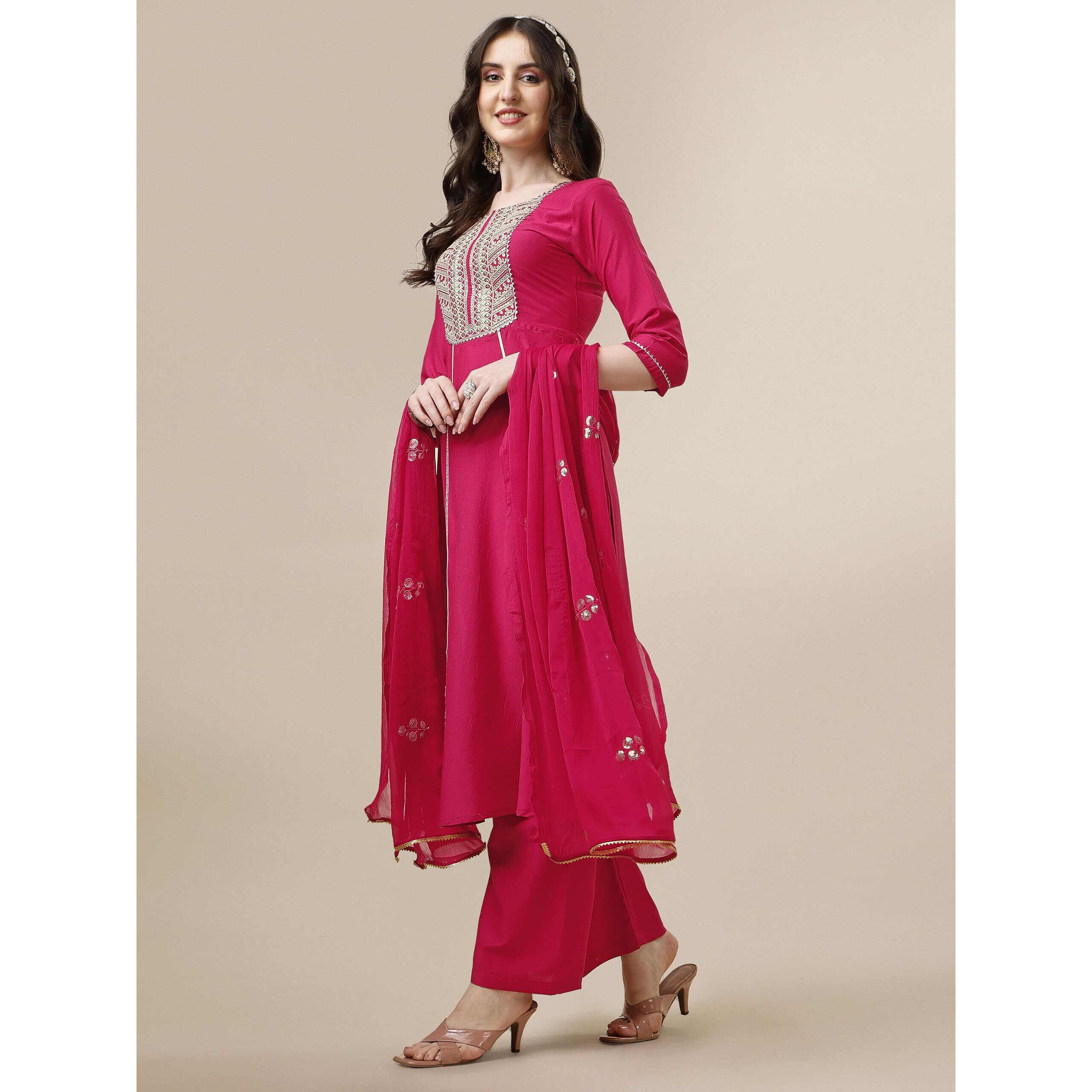 Ethnicjunction Women's Cotton Silk Eid Special Embroidered Kurta Palazzo And Dupatta Set | Eid Outfits For Women Pink