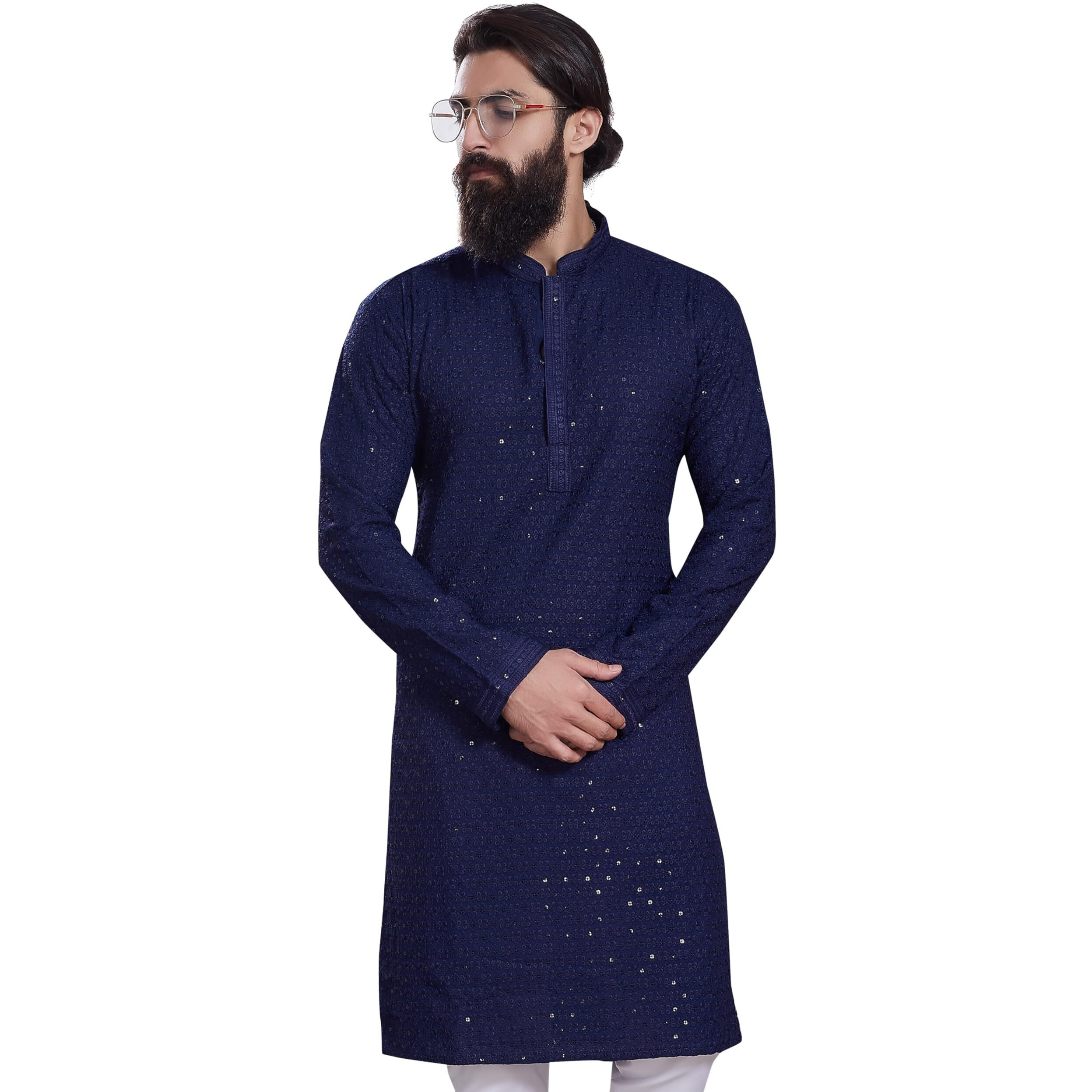Divisive Men's Sequince Embroidered Cotton Blend Only Slim Fit Kurta (Dkrt223_L_Navy Blue)