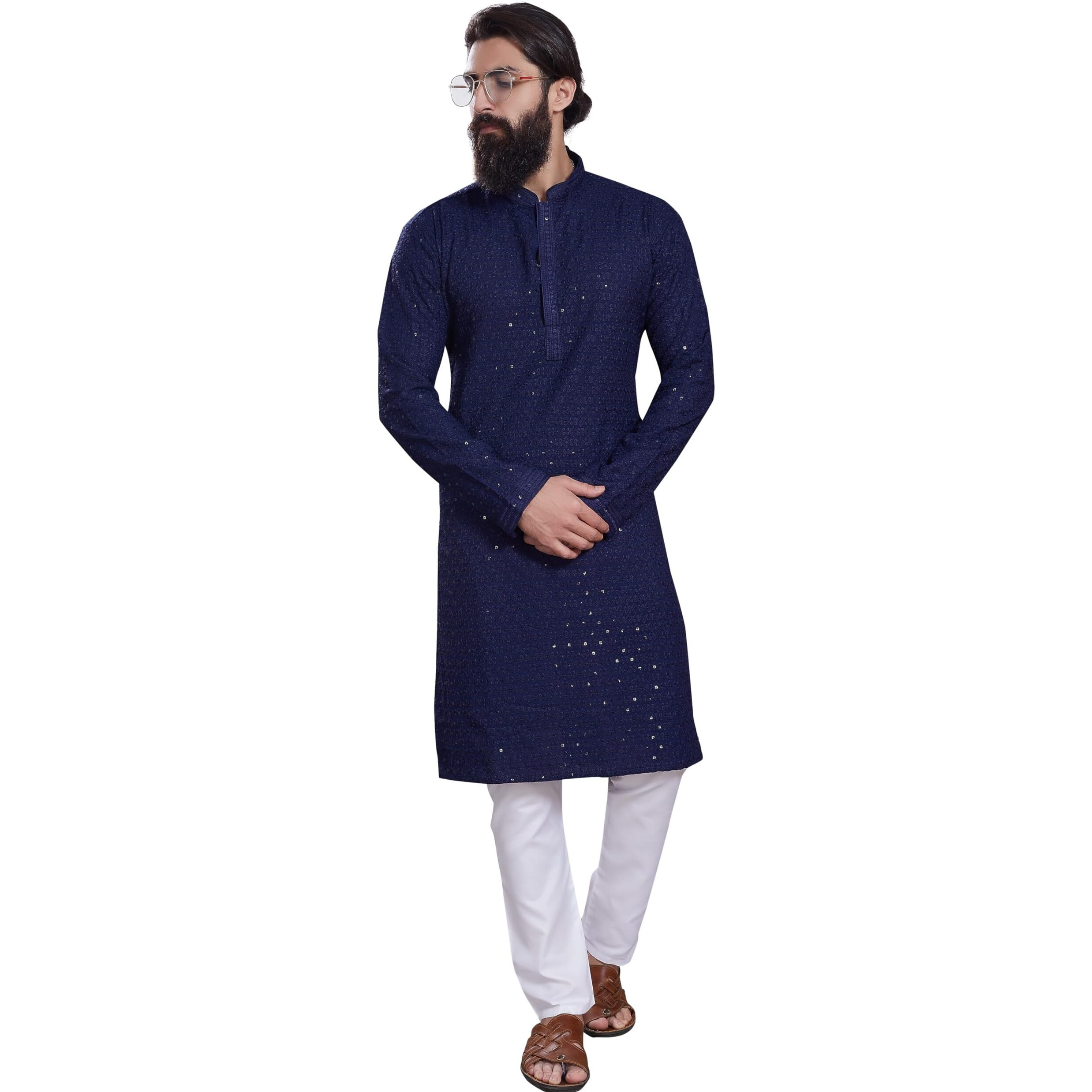 Divisive Men's Sequince Embroidered Cotton Blend Only Slim Fit Kurta (Dkrt223_L_Navy Blue)