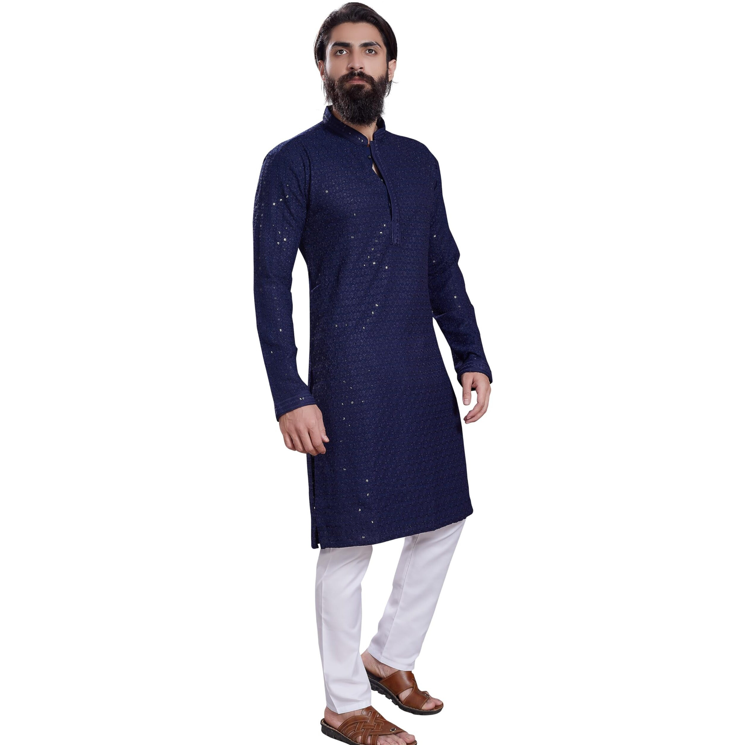 Divisive Men's Sequince Embroidered Cotton Blend Only Slim Fit Kurta (Dkrt223_L_Navy Blue)
