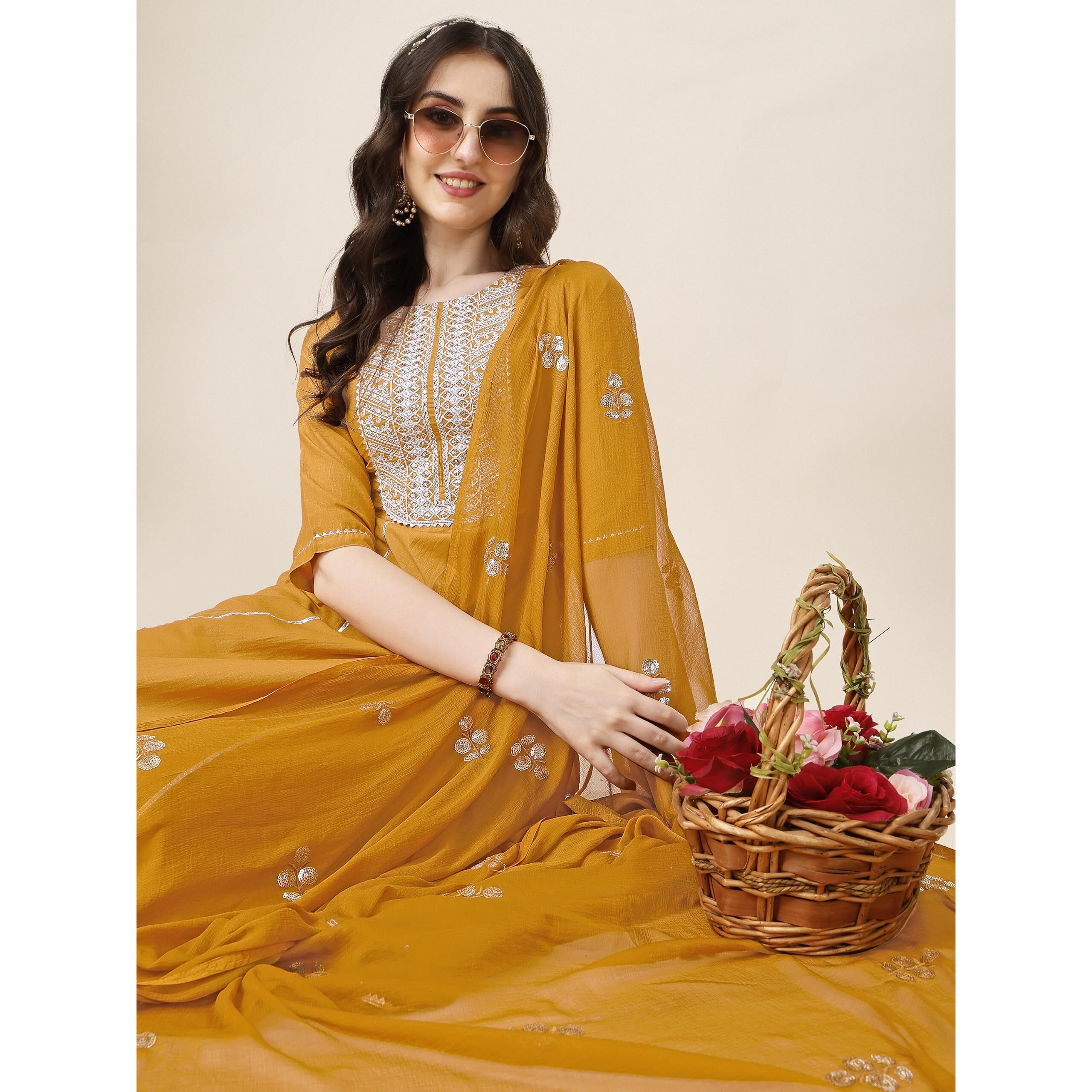 Ethnicjunction Women's Cotton Silk Eid Special Embroidered Kurta Palazzo And Dupatta Set | Eid Outfits For Women Mustard