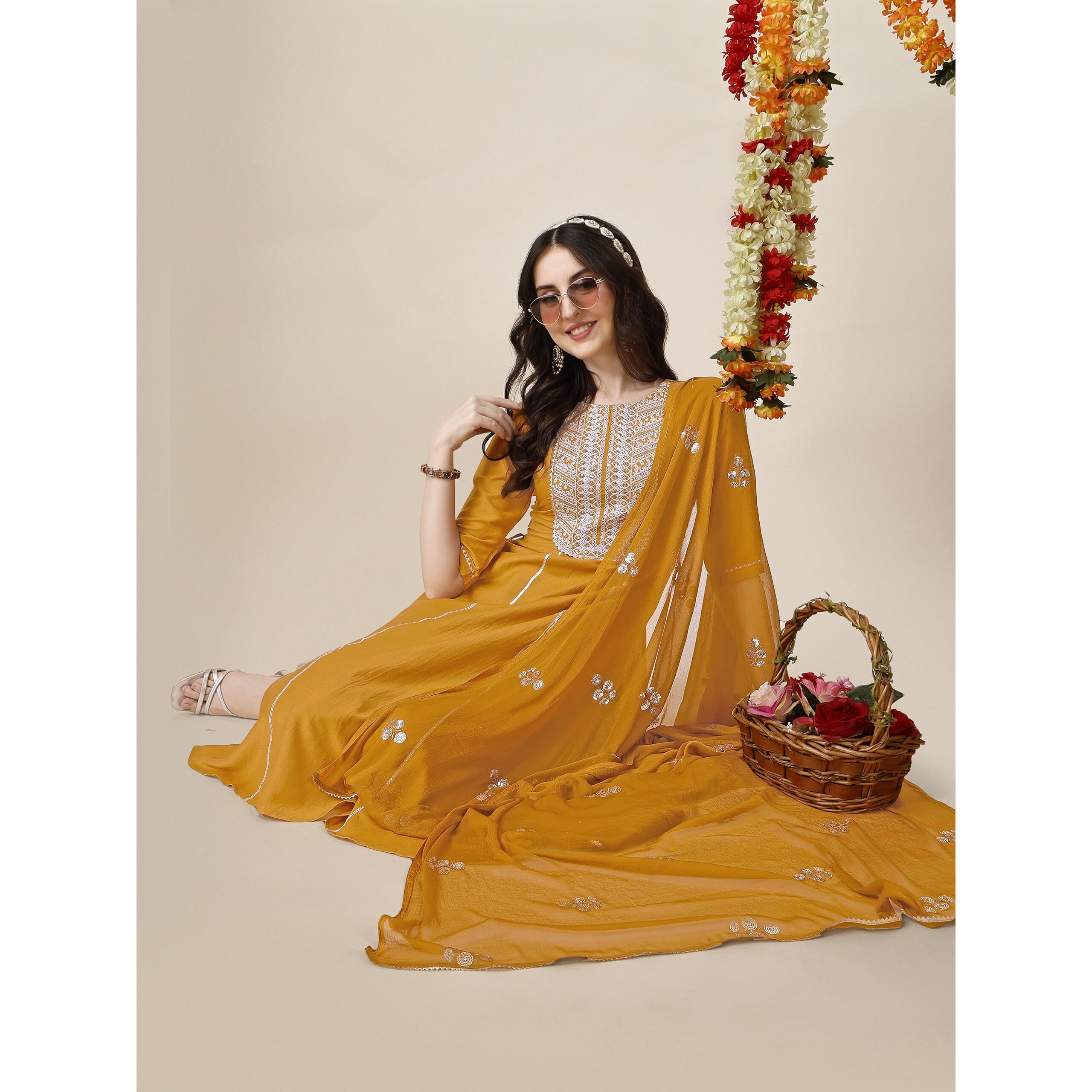 Ethnicjunction Women's Cotton Silk Eid Special Embroidered Kurta Palazzo And Dupatta Set | Eid Outfits For Women Mustard