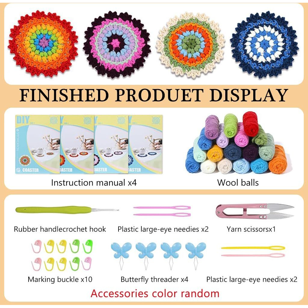 Patpat 4Pcs Floral Crochet Coaster Kit - Diy Crochet Starter Set For Beginners With Ergonomic Hooks, Vibrant Yarns, Needle & Step Guide - Decorative Tea Coasters (Random Colors, Multicolor)