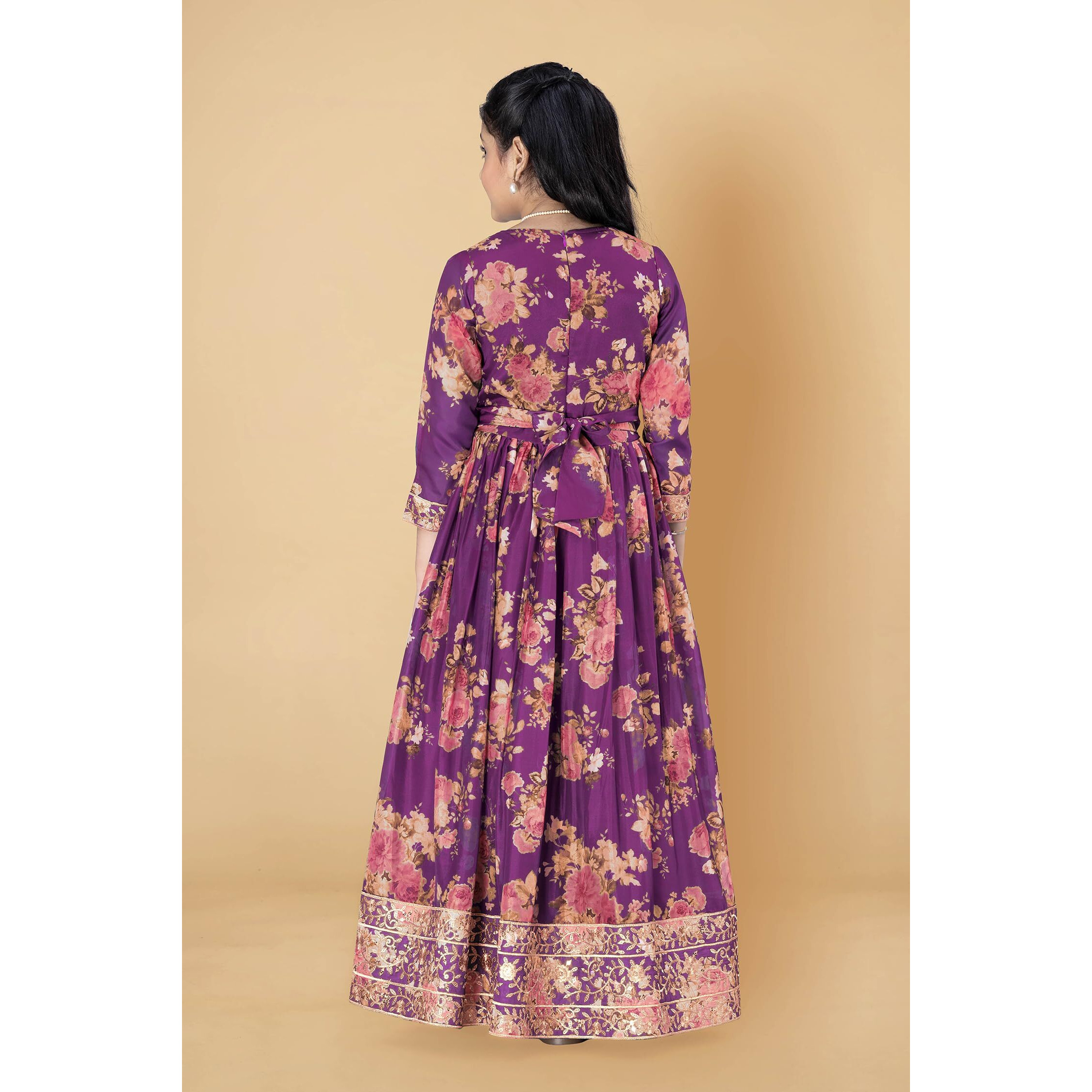Fashion Dream Girls Tabby Silk Maxi Length Flared Embroidered Dress(Fdgdrs00097 Prp 40_Purple_13-14Yrs)