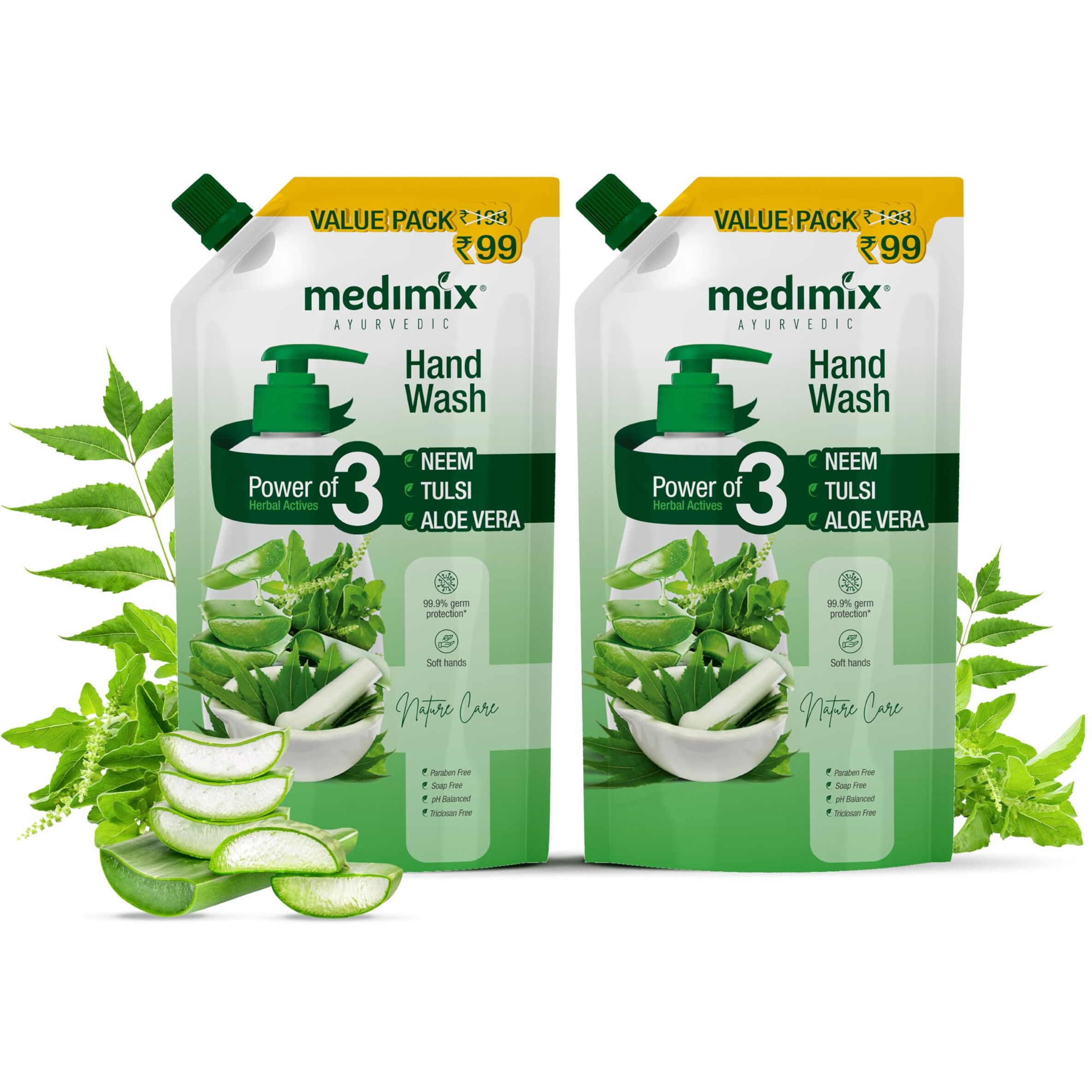 Medimix Ayurvedic Nature Care Hand Wash Refill With Neem,Tulsi&Aloe Vera 675 Ml (Combo Pack Of 2)|For Soft&Odour-Free Hands|99.9% Germ Protection|Shop Herbal|Natural|Soap-Free|100% Vegan