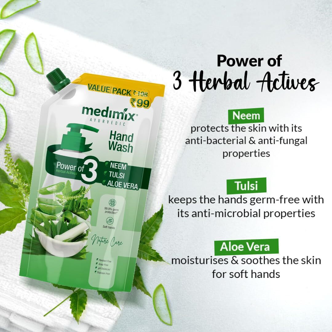 Medimix Ayurvedic Nature Care Hand Wash Refill With Neem,Tulsi&Aloe Vera 675 Ml (Combo Pack Of 2)|For Soft&Odour-Free Hands|99.9% Germ Protection|Shop Herbal|Natural|Soap-Free|100% Vegan