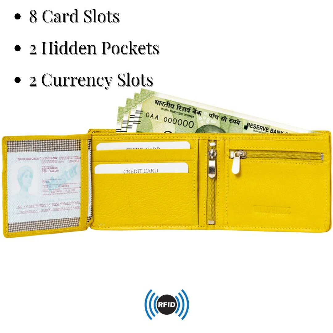 Wildvibez Yellow Leather Wallet For Men | Rfid Blocking Mens Wallet | Ultra Strong Stitching | 8 Card Slots I 2 Currency Holders I Wallets Men Leather | 6 Months Warranty
