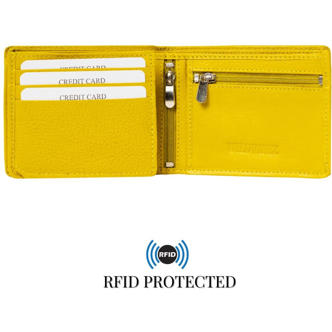 Wildvibez Yellow Leather Wallet For Men | Rfid Blocking Mens Wallet | Ultra Strong Stitching | 8 Card Slots I 2 Currency Holders I Wallets Men Leather | 6 Months Warranty