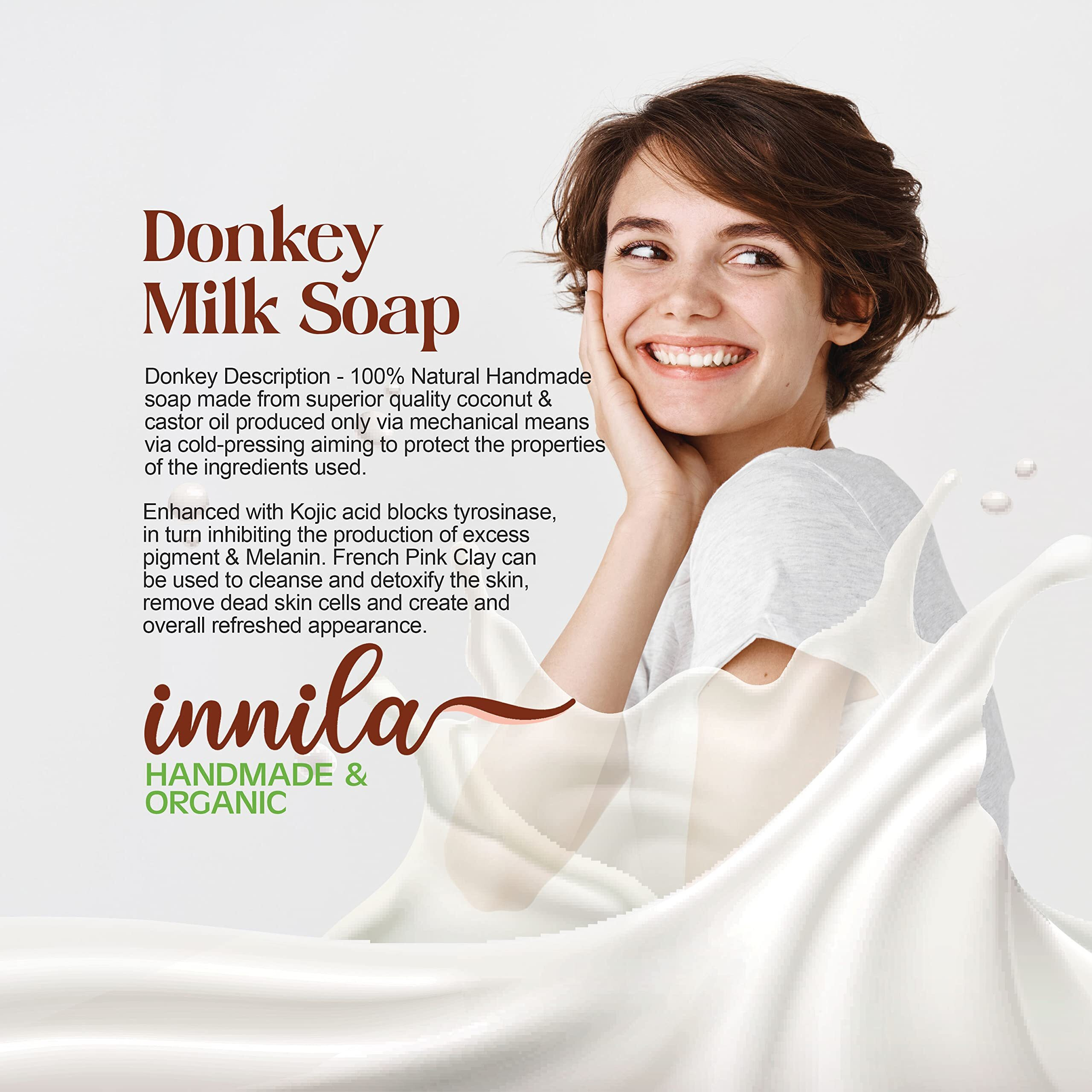 Innila Handmade Donkey Milk Bath Soap | Organic Skin Brightening Soap With Olive Oil, Castor Oil, Kojic Acid, Rose Fragrance & French Pink Clay | Soaps Combo Offers - 100Gm - Pack Of 3