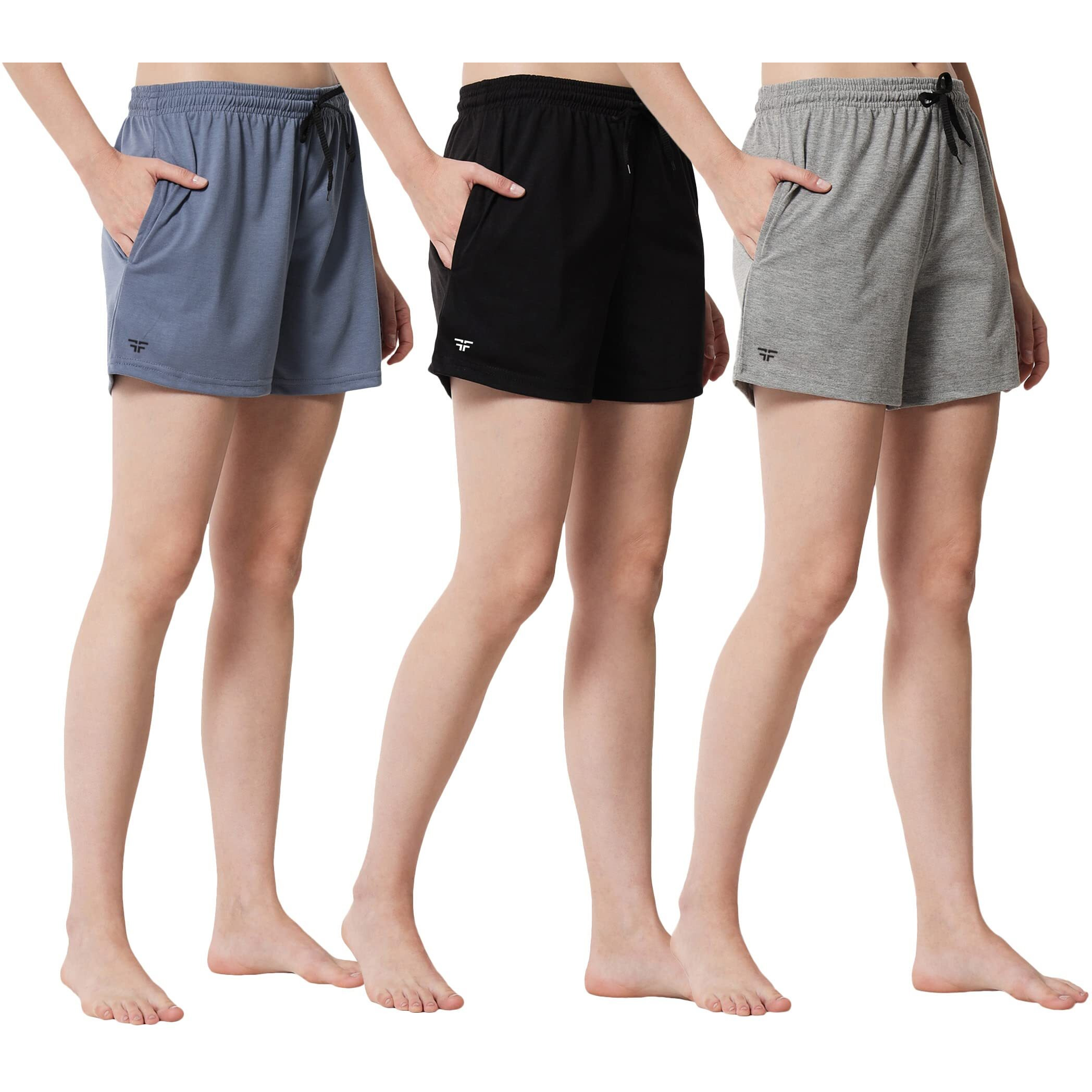 Fflirtygo Women's Shorts | Shorts For Women Short Pant For Women | Black, Grey & Bluish Grey Shorts | Women Shorts Night Wear | Sports Shorts For Woman Combo (Pack Of 3)