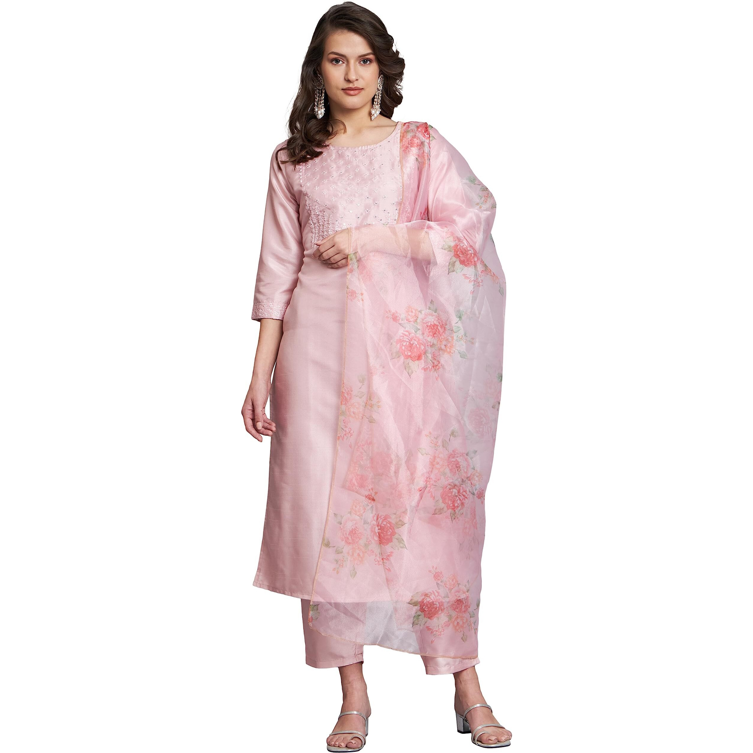 Vredevogel Women's Silk Blend Embroidered Straight Kurta Pant Set With Organza Dupatta (Pink_Large)