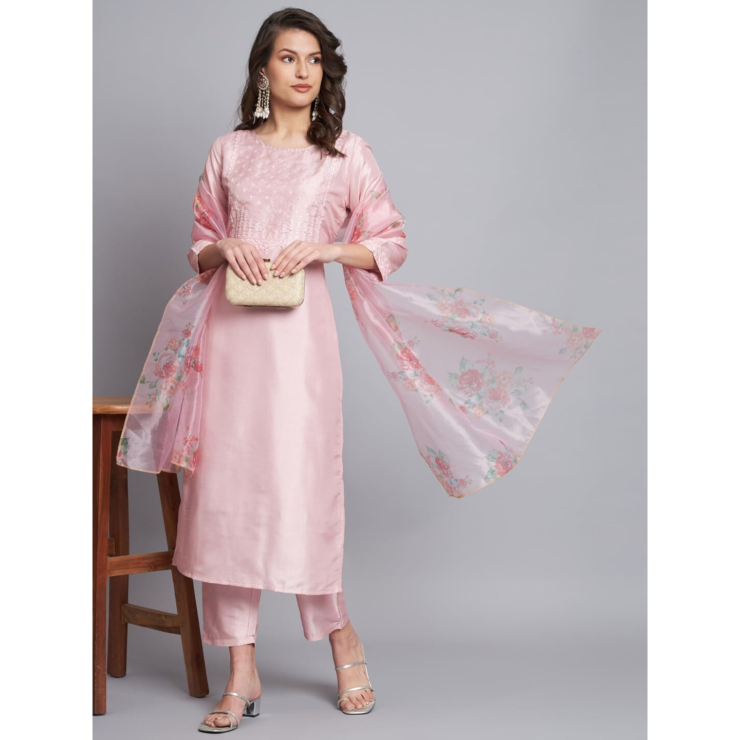 Vredevogel Women's Silk Blend Embroidered Straight Kurta Pant Set With Organza Dupatta (Pink_Large)