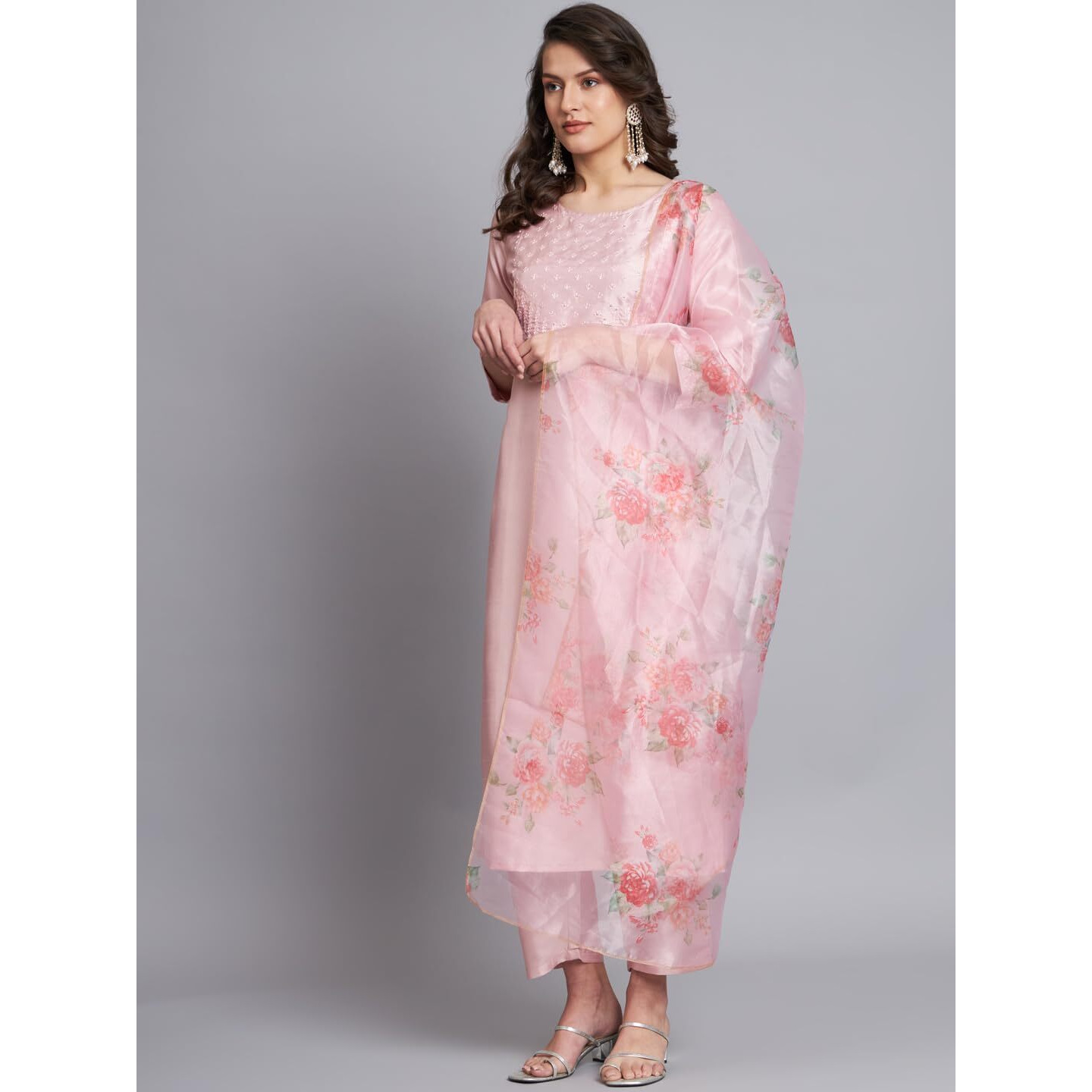 Vredevogel Women's Silk Blend Embroidered Straight Kurta Pant Set With Organza Dupatta (Pink_Large)