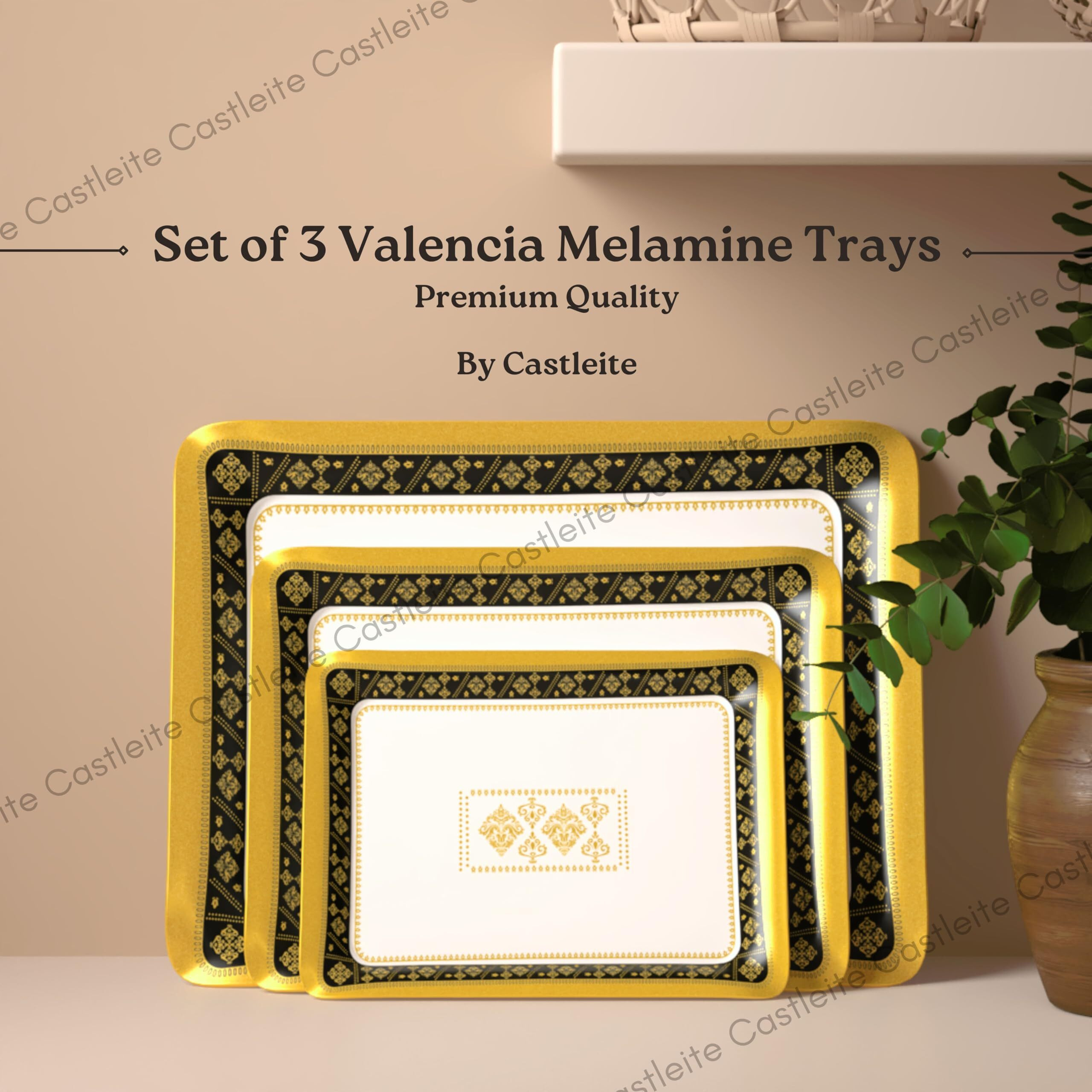 Castleite Valencia Series Melamine Trays Set Of 3 With Handles For Serving Snacks Or Tea  A Designer Tray Medley For Home Or Cafe Use (Soriana)
