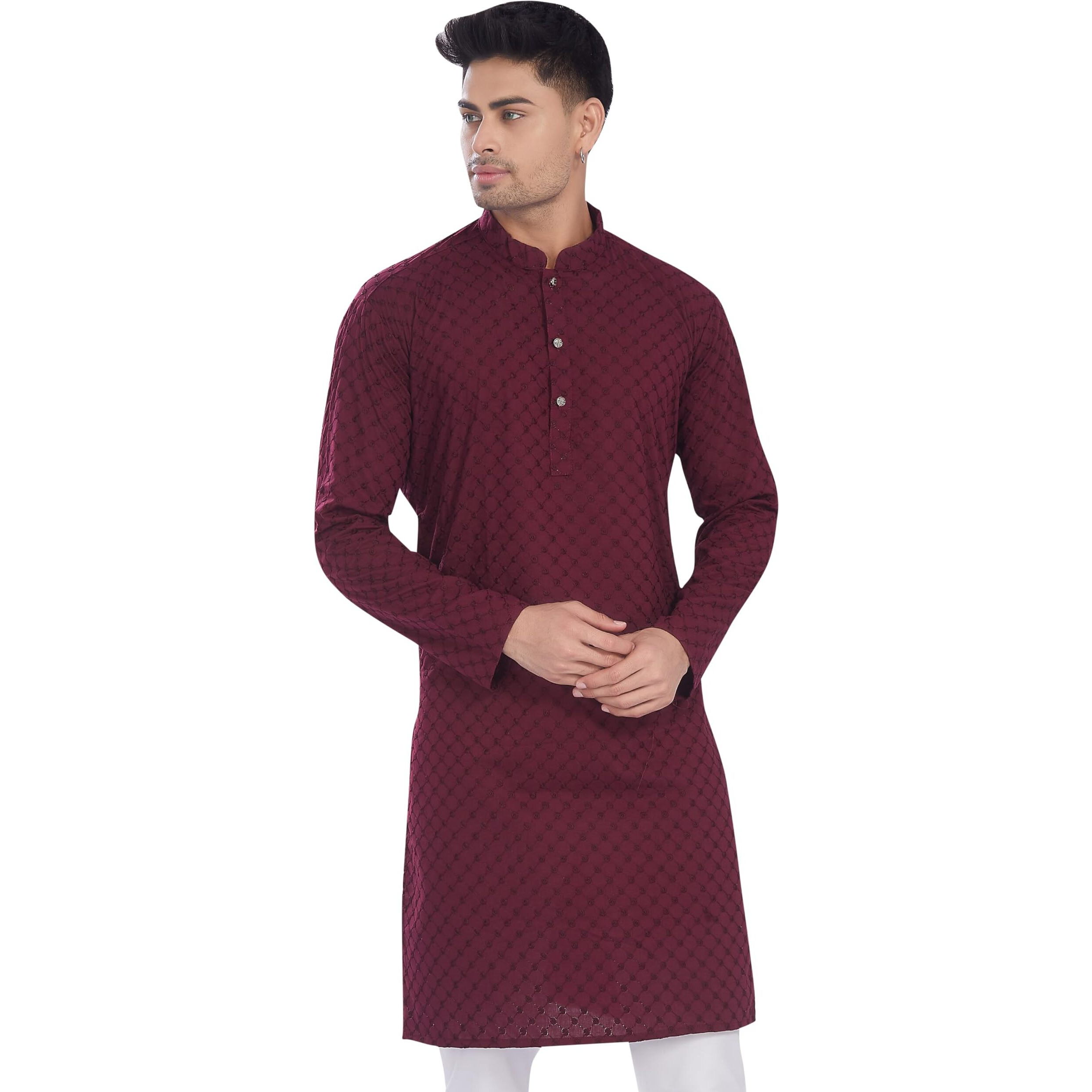Divisive Men's Thread Embroidered Cotton Only Slim Fit Kurta (Dkrt631_M_Burgundy)