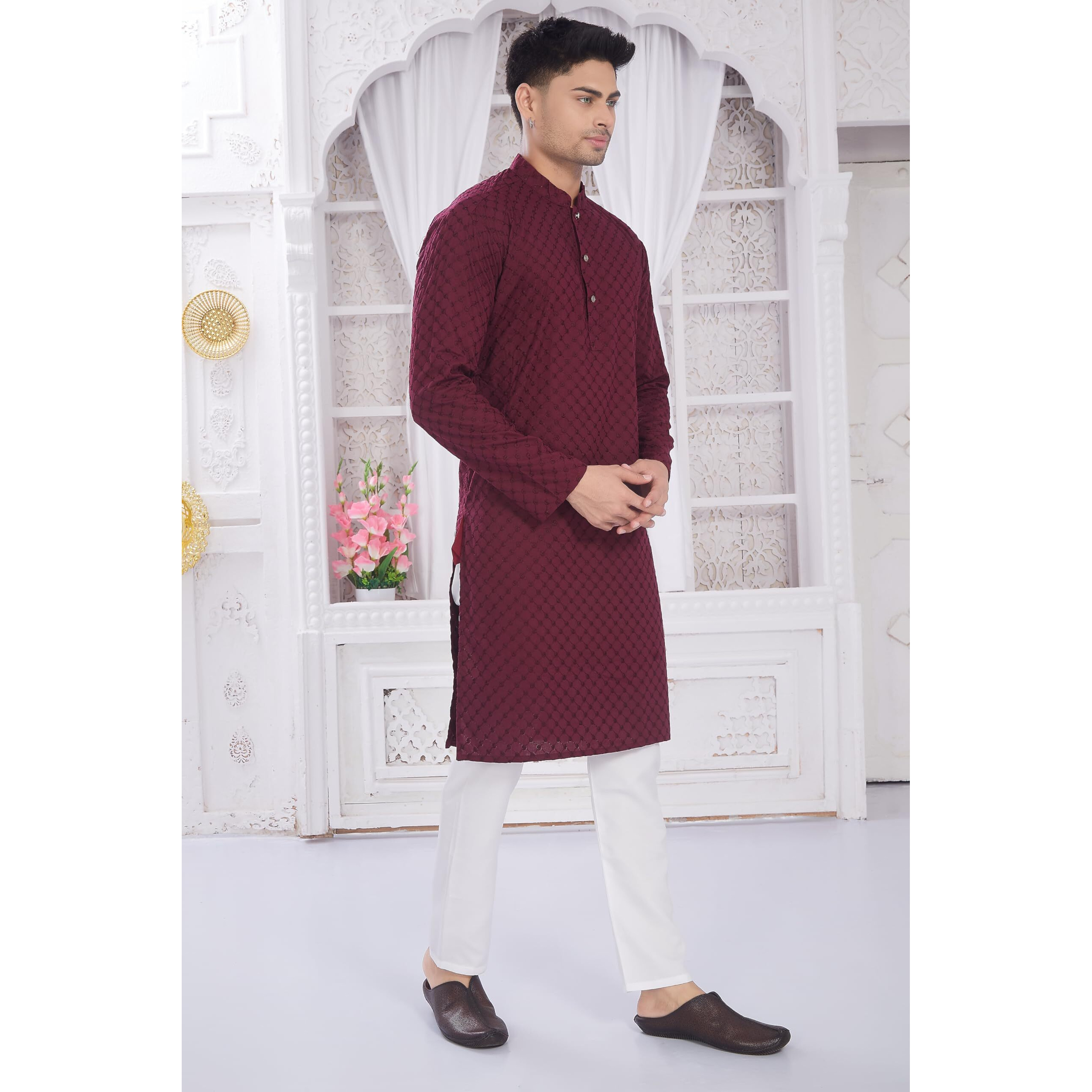 Divisive Men's Thread Embroidered Cotton Only Slim Fit Kurta (Dkrt631_M_Burgundy)