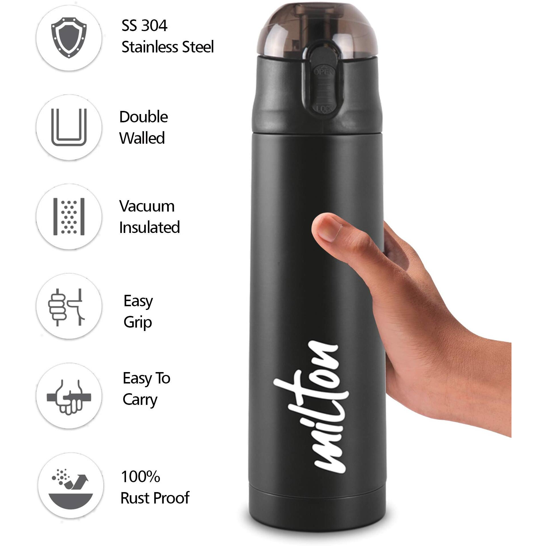 Milton New Crown 400 Thermosteel Bottle With One Touch Safety Lock, 350 Ml Water Bottles, 24 Hours Hot And Cold, Easy To Carry, Easy Grip, Rust Proof, Tea, Coffee, Office, Travel Bottle, Silver