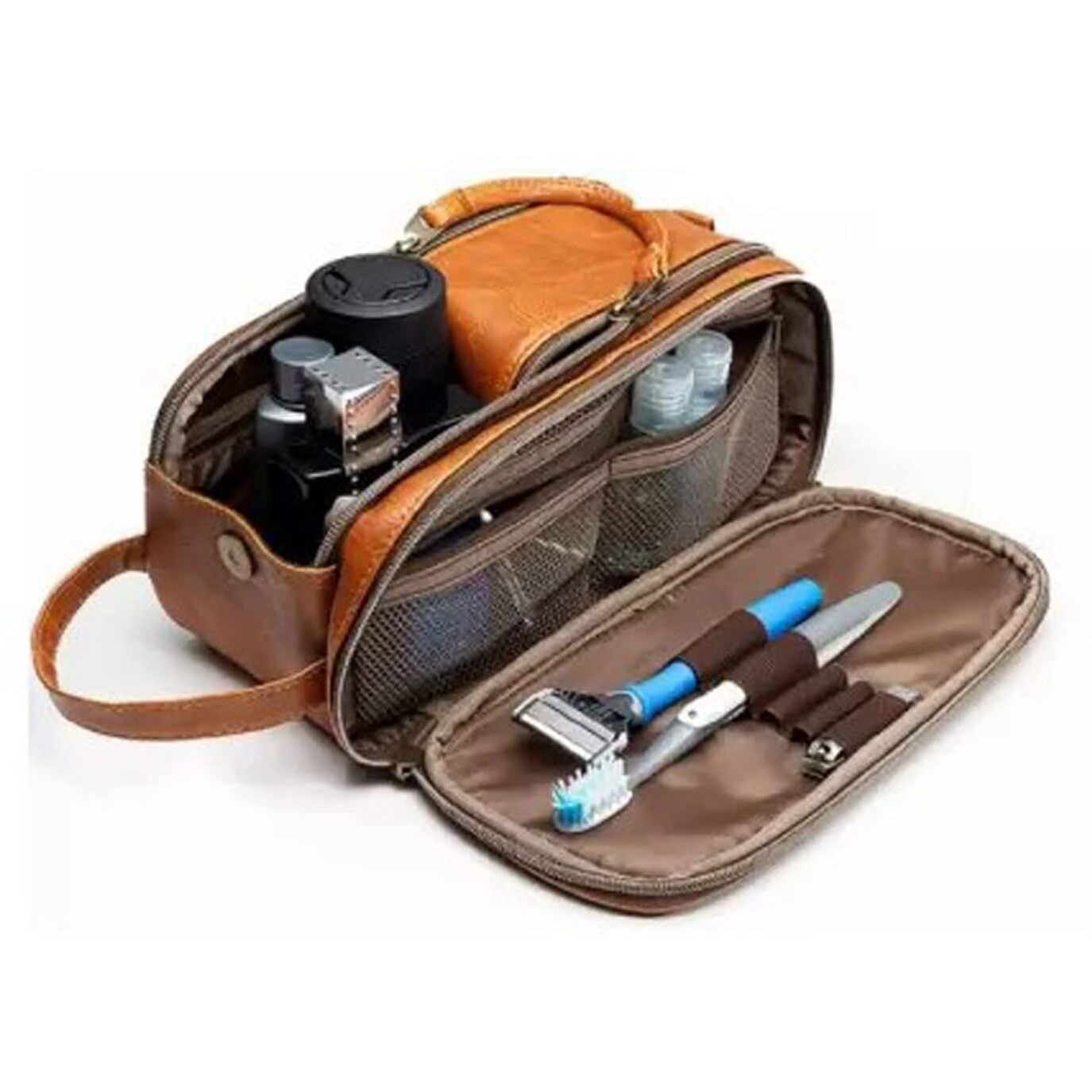 Handcuffs Toiletry Bag For Men & Women | Leather | Waterproof | Travel | Pouch | Toiletries | Shaving Kit | Grooming | Makeup | Cosmetic | Bags (Brown), 16 Cm