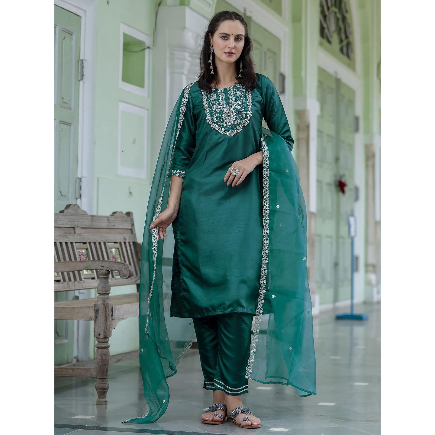Vredevogel Kurta Set With Dupatta | Embroidered Silk Blend Straight Kurta Pant Set For Women | Women's Ethnic Casual Kurti Set (Green_Small)