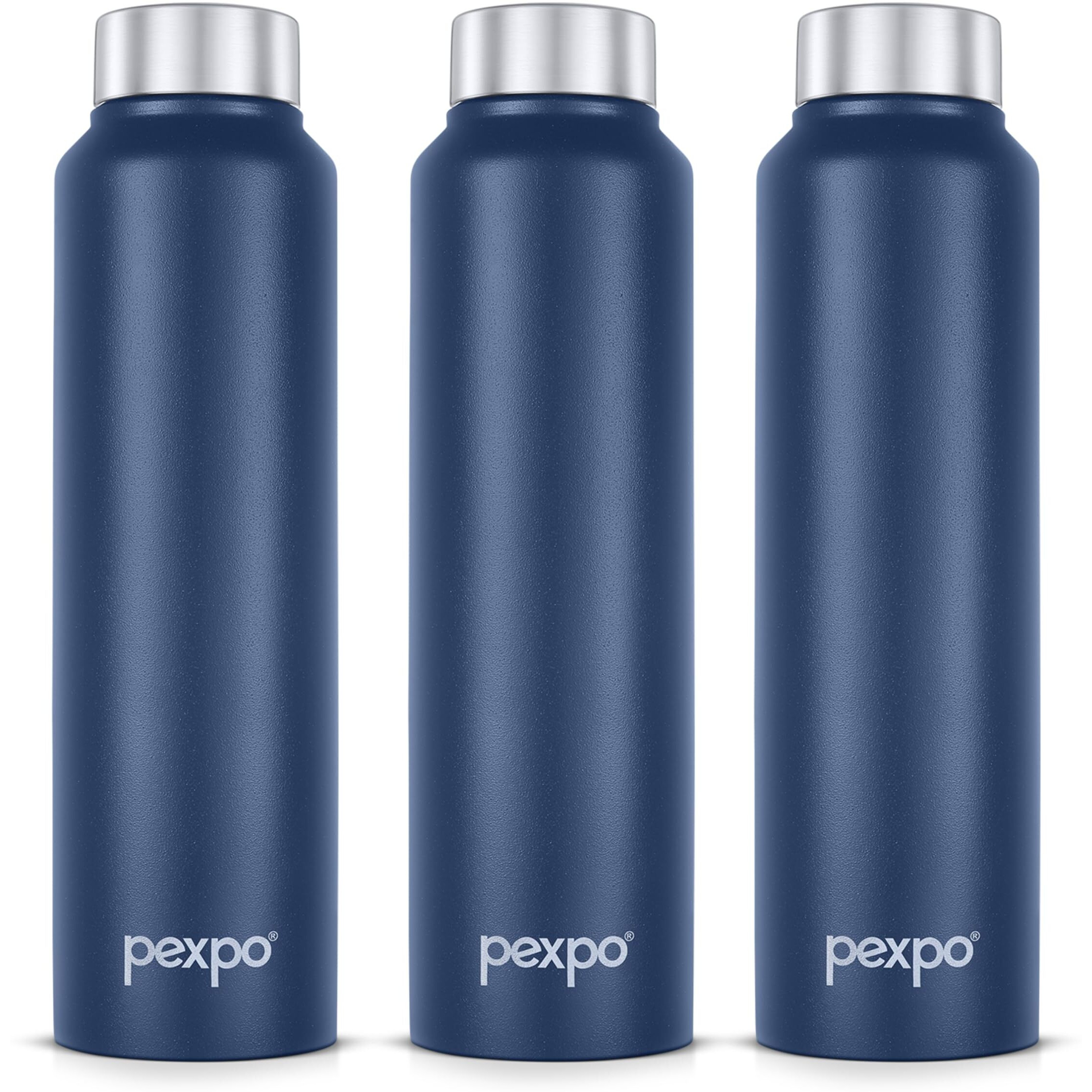 Pexpo Chromo Stainless Steel Sports/Fridge Water Bottle 750Ml, Denim Blue Pack Of 3 | Eco Friendly | Bpa Free | Water Bottle For Office, Gym, School, Yoga, Trekking, Men, Women And Kids