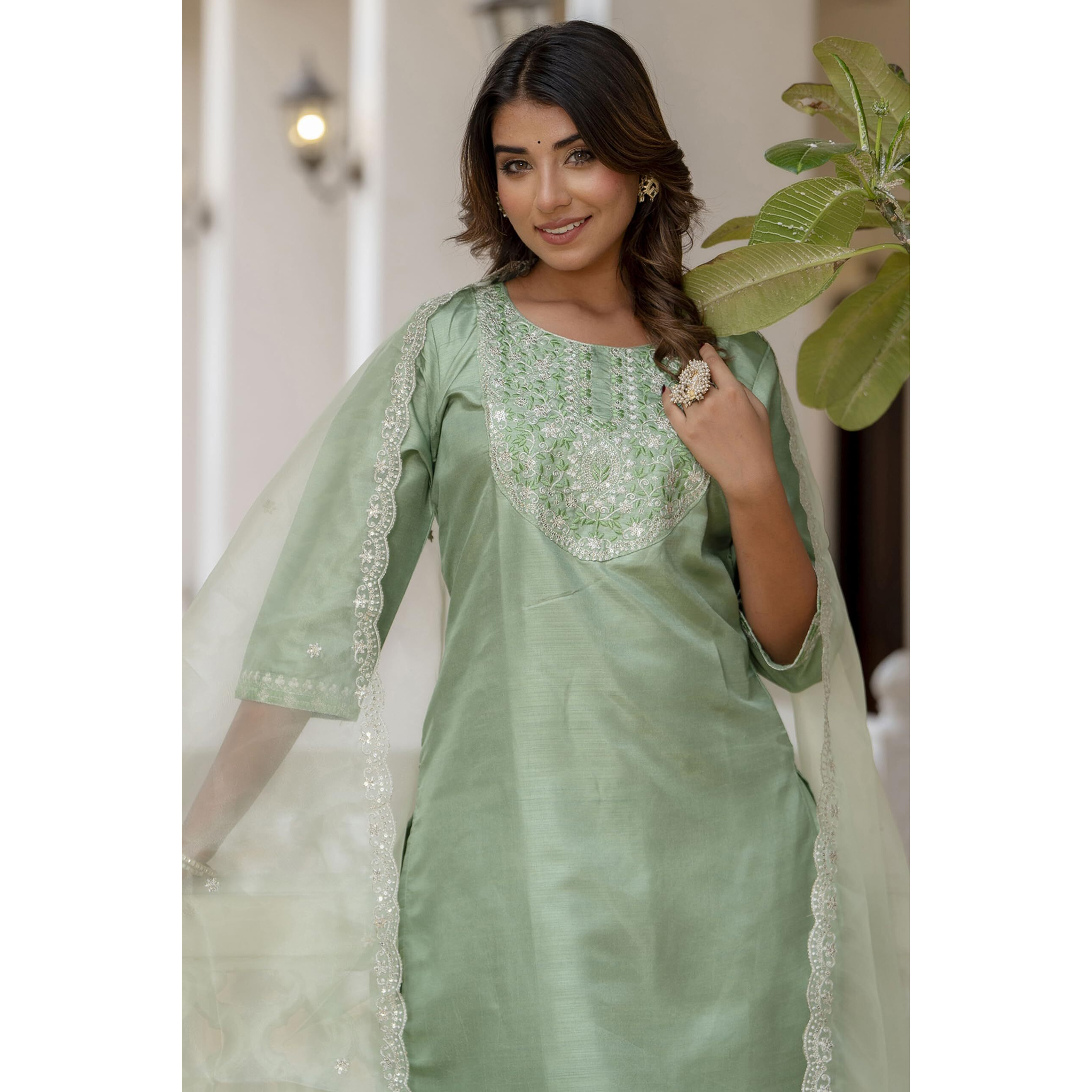 Vredevogel Women's Silk Blend Embroidered Kurta With Pant & Dupatta Set (Pista_Medium)