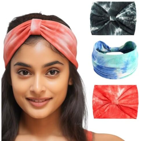Xfyt Pack Of 3 Tie-Dye Stretch Soft Hair Bands | Super Stylish Chic Fashionable High Absorbtion Wide Headbands Set For Women Girls Yoga Sports Gym Workouts Exercise Tennis (Beau, Pack Of 3)
