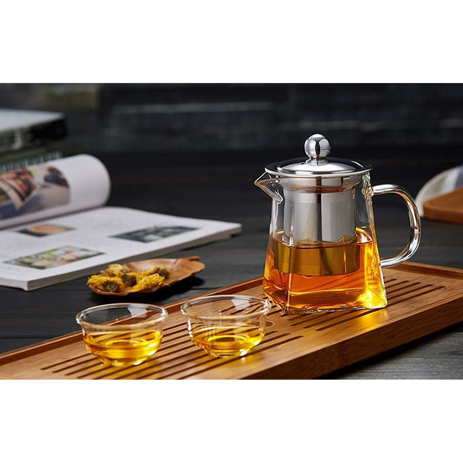 Ankul Borosilicate Square Glass Tea Pot With Heat Resistant Stainless Steel Infuser Perfect For Tea And Coffee Maker, Clear Glass Kettle With 4 Cups (750 Ml, Square With Cup)