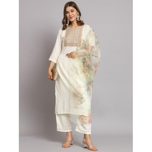 Vredevogel Women's Cotton Blend Embroidered Kurta With Pant & Organza Dupatta Set (White_Medium)