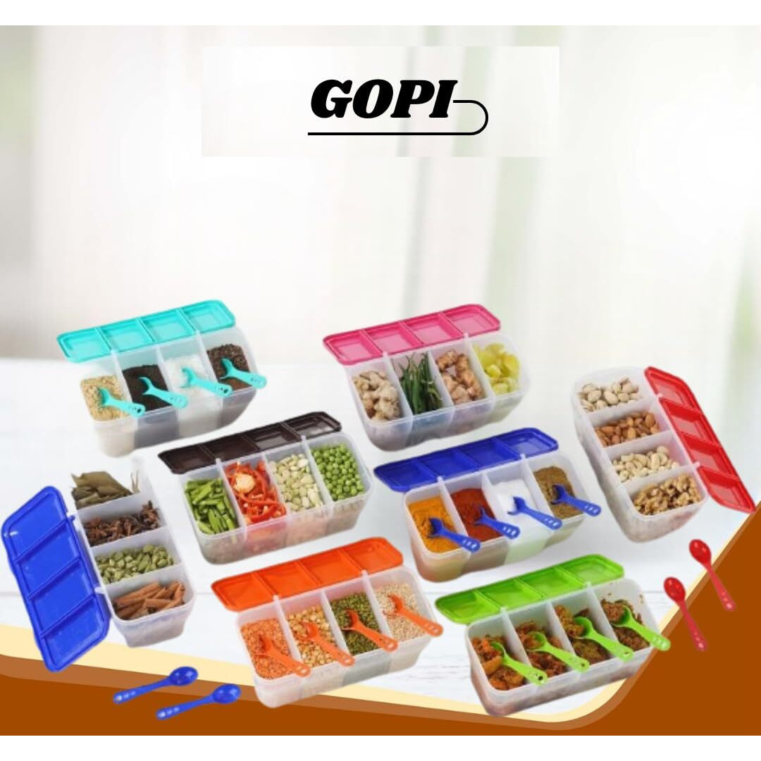 Gopi 4 Section Container For Vegetables,Dryfruits,Spices,Grocery,Pickles,And Multipurpose 4 In 1 Box For Kitchen & Storage Containers Airtight,Cereal 1800 Ml With 4 Spoons - Multi, Plastic (Blue)