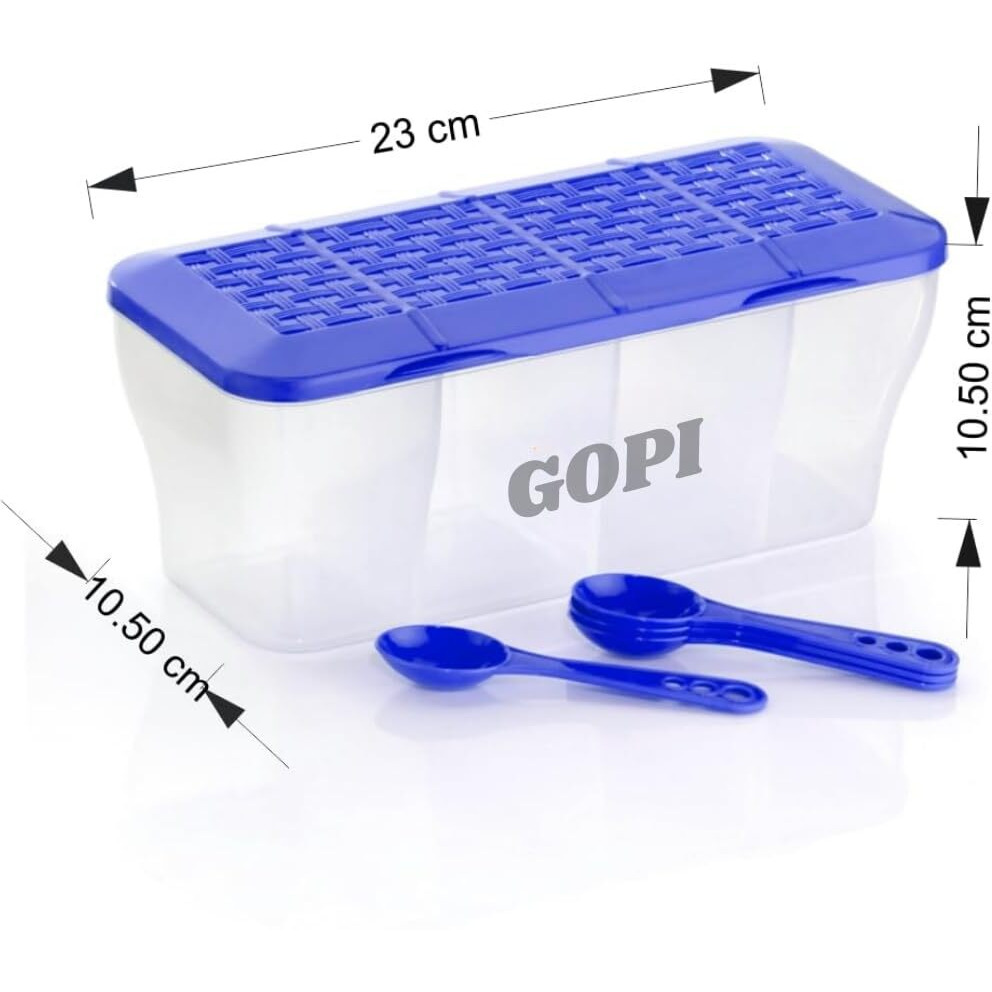 Gopi 4 Section Container For Vegetables,Dryfruits,Spices,Grocery,Pickles,And Multipurpose 4 In 1 Box For Kitchen & Storage Containers Airtight,Cereal 1800 Ml With 4 Spoons - Multi, Plastic (Blue)