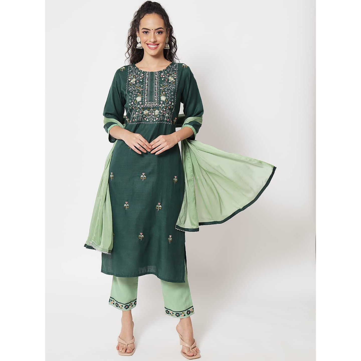 Vredevogel Women's Cotton Blend Embroidered Kurta With Pant & Nazneen Dupatta Set (Green_Small)