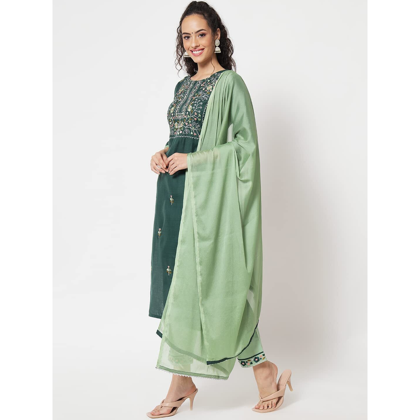 Vredevogel Women's Cotton Blend Embroidered Kurta With Pant & Nazneen Dupatta Set (Green_Small)