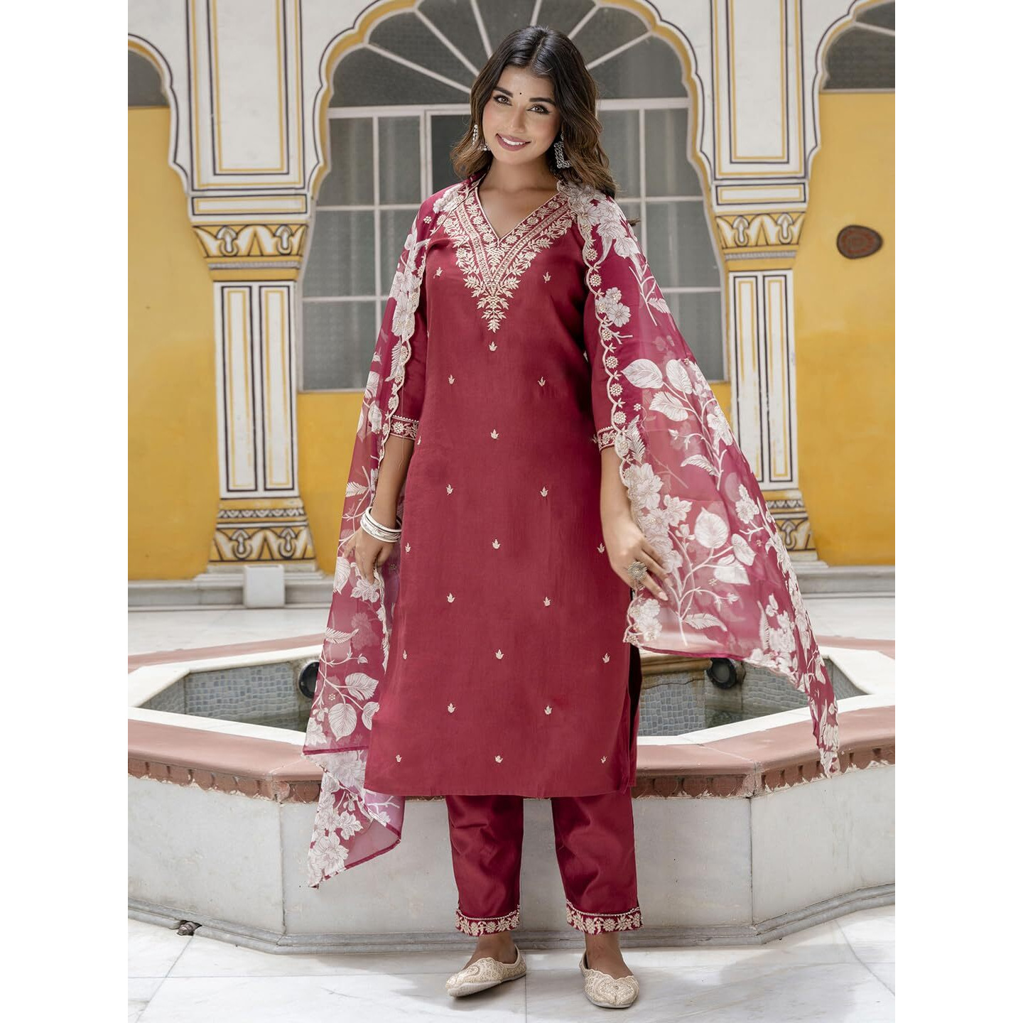 Vredevogel Kurta Set With Dupatta | Embroidered Viscose Rayon Kurta Pant Set For Women | Women's Ethnic Casual Kurti Set (Maroon_Small)