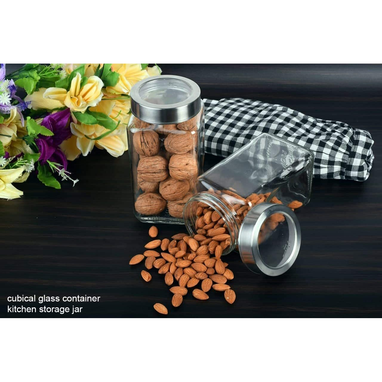 Piraml Glass Cubical Square 1 Ltr Transparent Glass Jars & Containers For Kitchen Pantry, Snacks, Masala, Honey, Jams, Pickles, Cookies, Dry Fruits, Coffee Beans Storage With Lid (1 Ltr, Set Of 4)