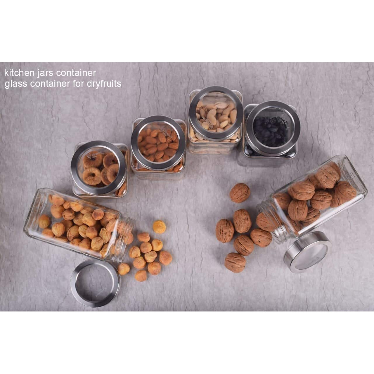 Piraml Glass Cubical Square 1 Ltr Transparent Glass Jars & Containers For Kitchen Pantry, Snacks, Masala, Honey, Jams, Pickles, Cookies, Dry Fruits, Coffee Beans Storage With Lid (1 Ltr, Set Of 4)
