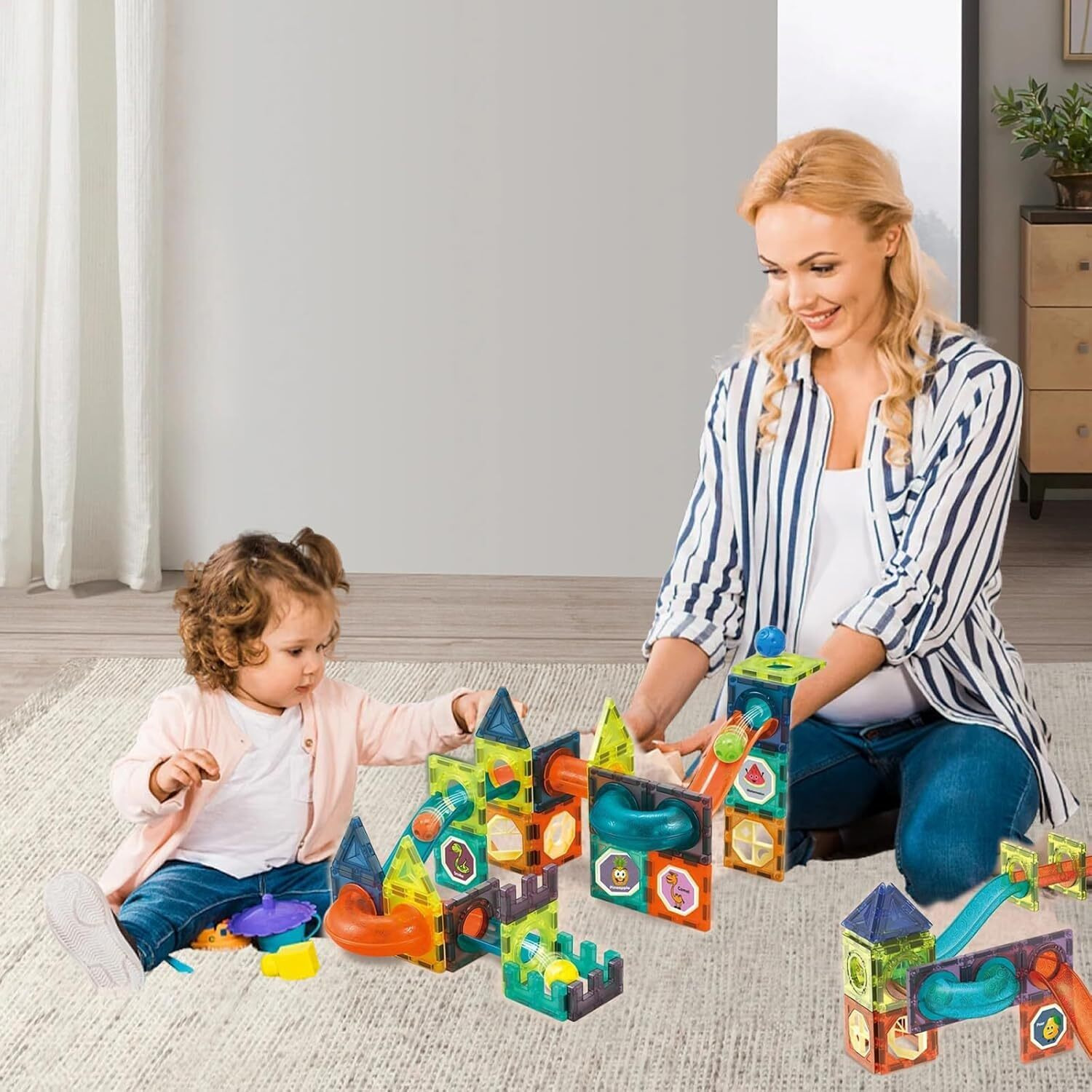 Magnetic Tiles, Yotym 49 Piece Light Magnetic Tiles Building Tile For Kids,3D Clear Educational Stem Toys, Marble Run Blocks Toys For Kids Ages 3+Year Old Boys Girls (Magnetic Marble Run Block Set)