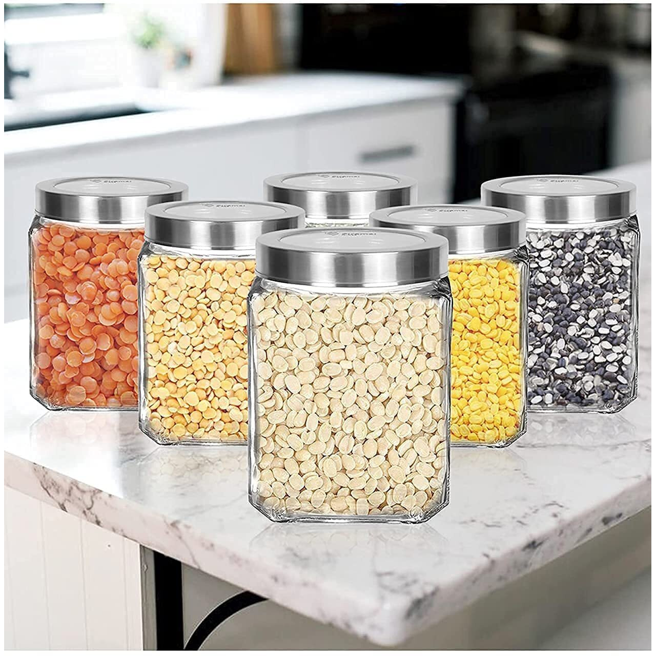 Vency Piramal Glass Cubical Square Transparent Glass Jars & Containers For Kitchen Pantry, Snacks, Masala, Jams, Pickles, Cookies, Dry Fruits, Coffee Beans Storage With Lid (600Ml, Set Of 6)