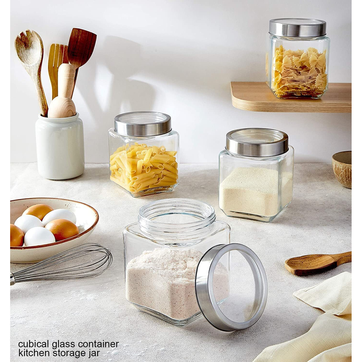 Vency Piramal Glass Cubical Square Transparent Glass Jars & Containers For Kitchen Pantry, Snacks, Masala, Jams, Pickles, Cookies, Dry Fruits, Coffee Beans Storage With Lid (600Ml, Set Of 6)