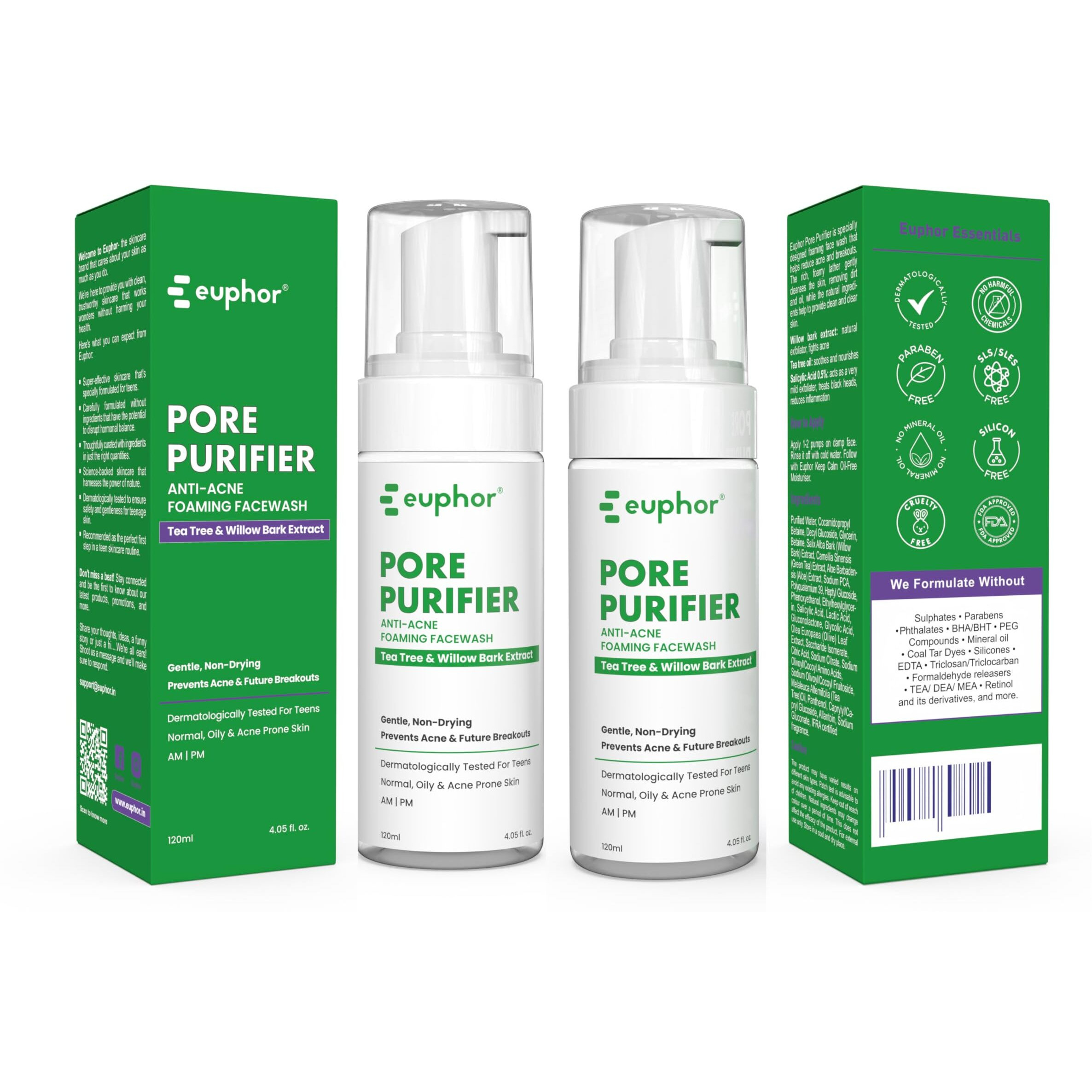 Euphor Teens | Anti-Acne Foaming Face Wash- Pore Purifier | Prevents Acne, Pimples And Future Breakouts | Salicylic Acid 0.5%, Tea Tree, Green Tea | Oily And Acne-Prone Skin | No Parabens And Sulphates | 120Ml (2Pc) | For Women And Men