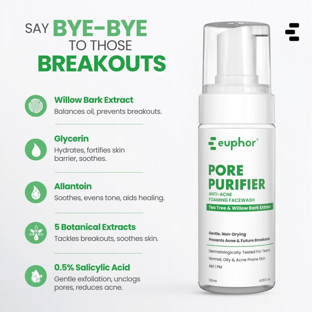 Euphor Teens | Anti-Acne Foaming Face Wash- Pore Purifier | Prevents Acne, Pimples And Future Breakouts | Salicylic Acid 0.5%, Tea Tree, Green Tea | Oily And Acne-Prone Skin | No Parabens And Sulphates | 120Ml (2Pc) | For Women And Men