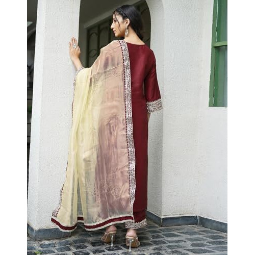 Siril Women's Silk Embroidered Straight Kurta Pant With Dupatta Set (104Kbd1140-L_Red)