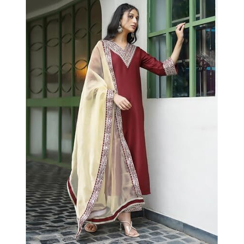 Siril Women's Silk Embroidered Straight Kurta Pant With Dupatta Set (104Kbd1140-L_Red)