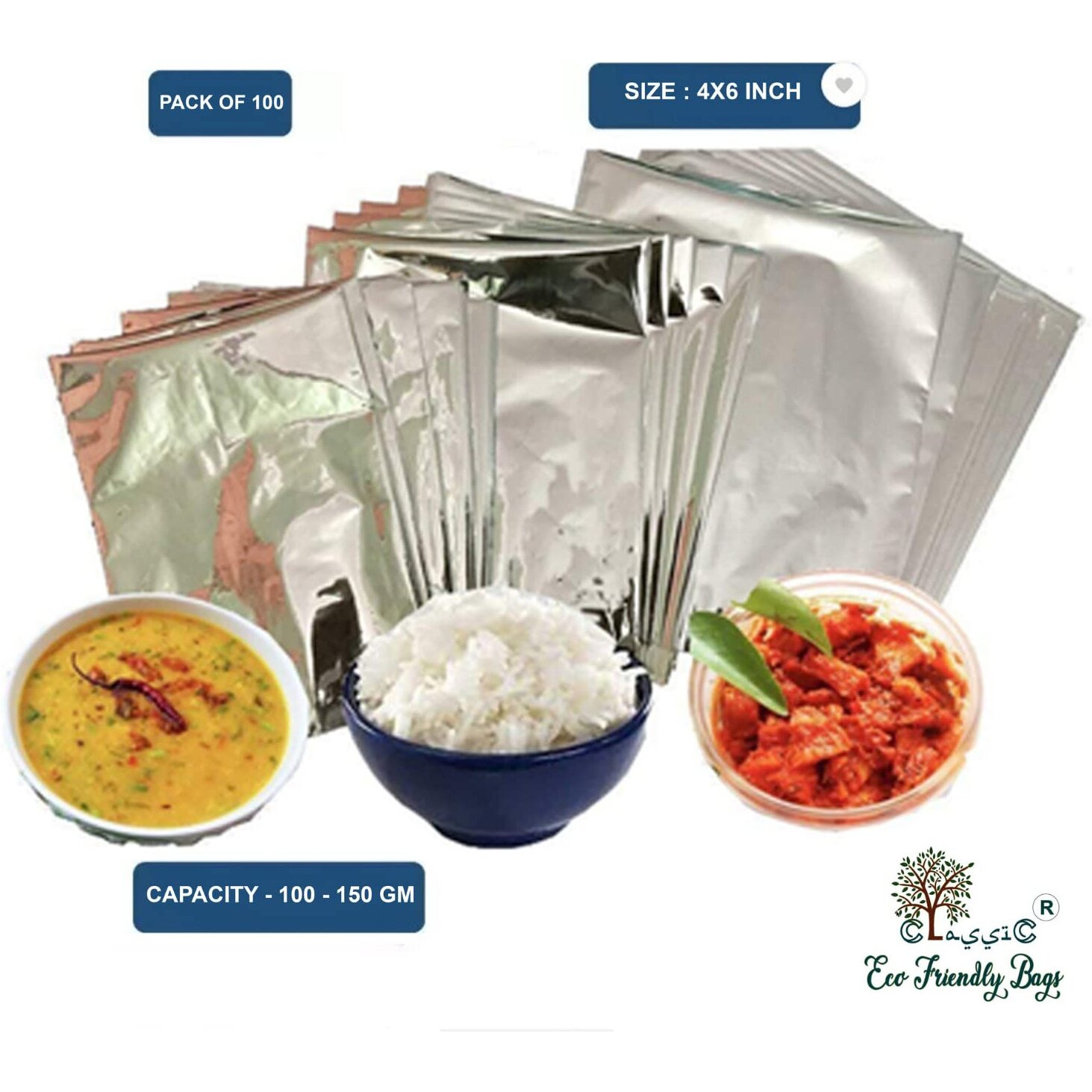 Classic Eco Friendly Bags Hot N Fresh- Aluminium Silver Foil Plastic Pouches Bags For Multipurpose For Tea, Coffee, Food Packaging Metalized Hot/Dry Food Parcel Bags, Pack Of 100 (4X6, Fold Top)