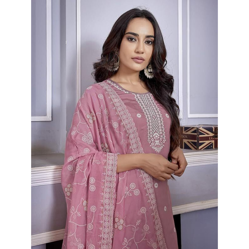 Royal Export Women's Chanderi Ethnic Motifs Embroidered Straight Kurta Pant With Dupatta (Rx154-Surbhipink-Skd_Mauve Pink_M)